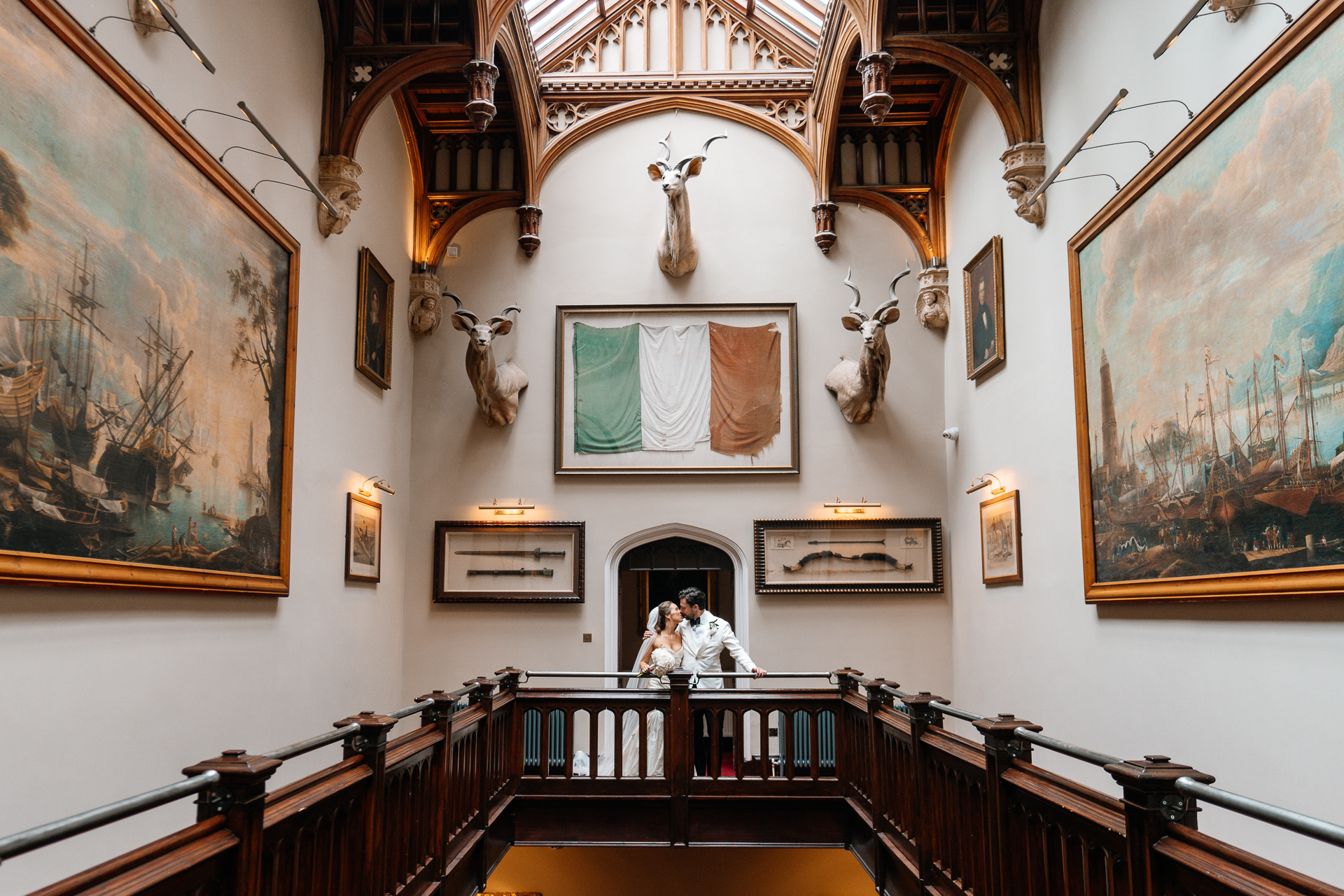 Bride and groom portraits around the gardens, boathouse and interiors at Markree Castle – with Irish Wolfhound Fionn