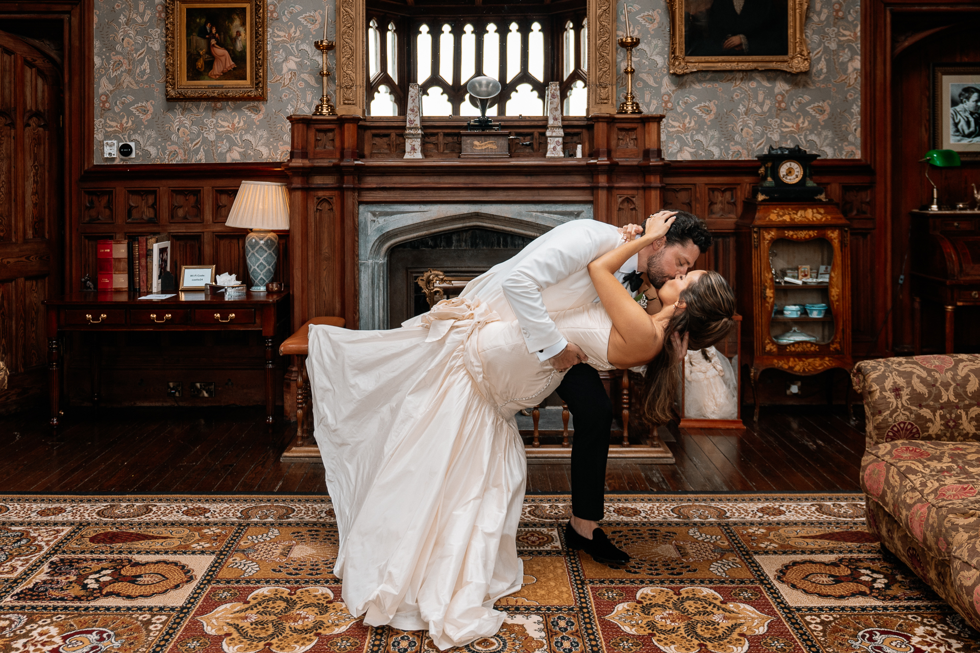 Bride and groom portraits around the gardens, boathouse and interiors at Markree Castle – with Irish Wolfhound Fionn