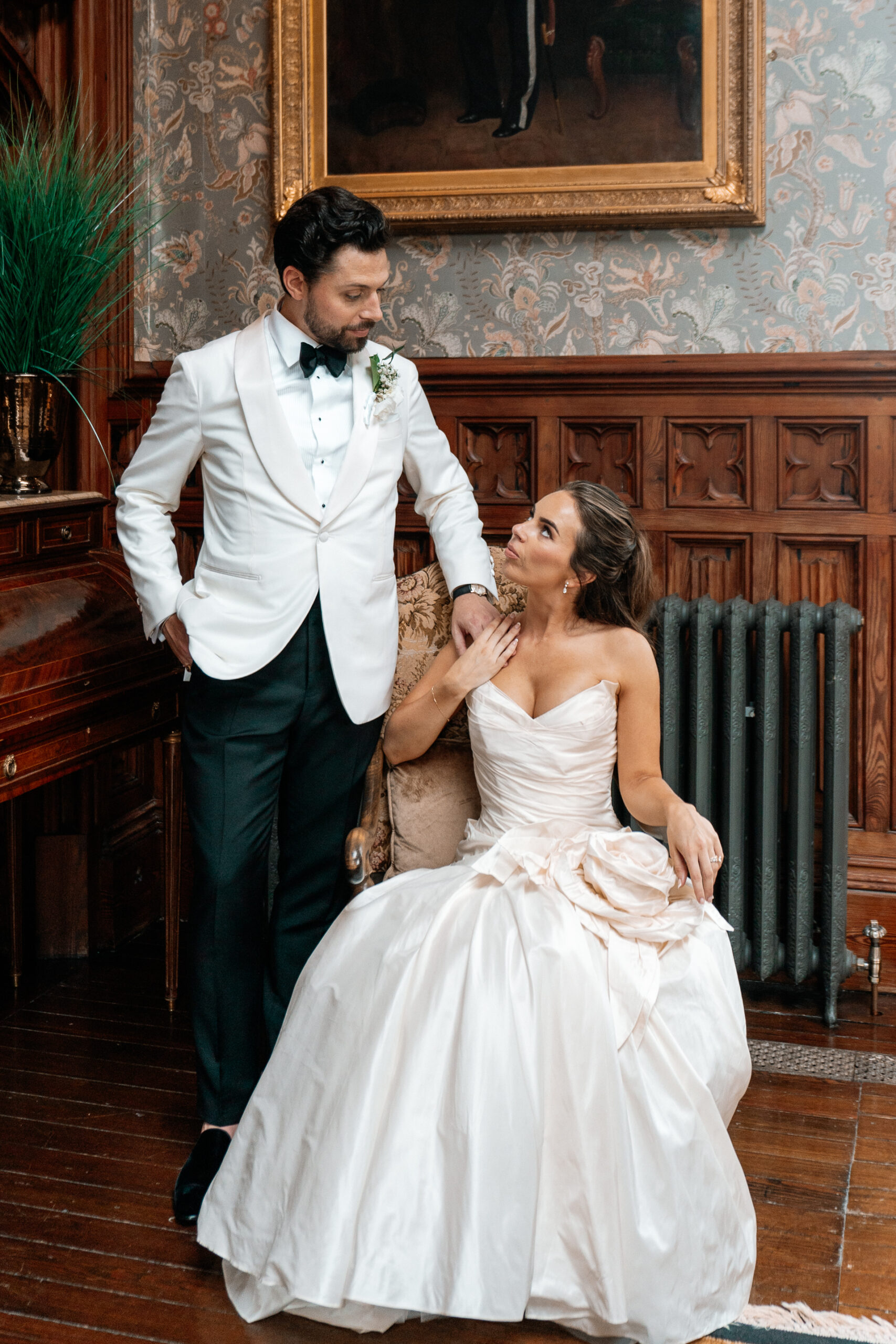 Bride and groom portraits around the gardens, boathouse and interiors at Markree Castle – with Irish Wolfhound Fionn