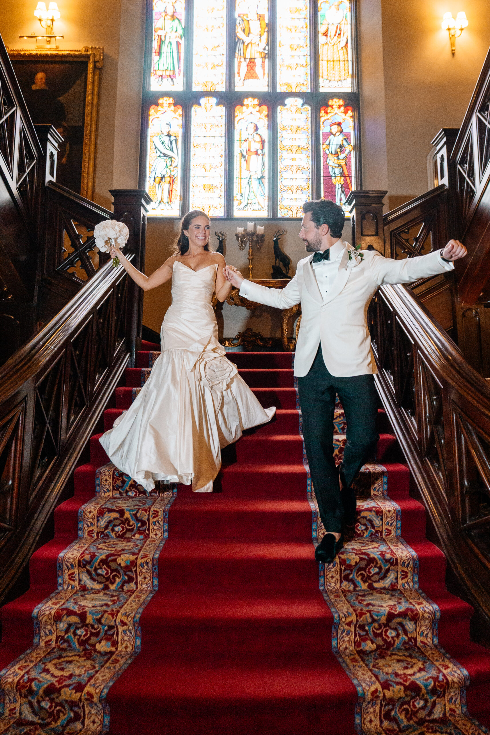 Bride and groom portraits around the gardens, boathouse and interiors at Markree Castle – with Irish Wolfhound Fionn