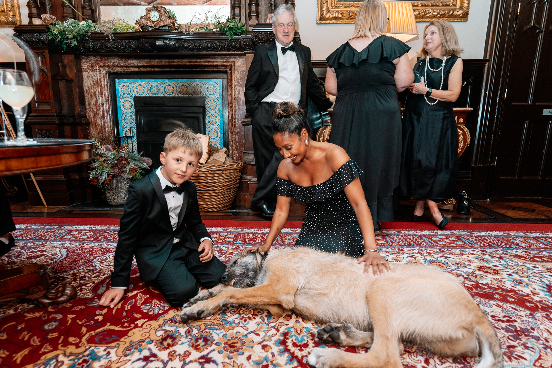 Guests enjoying the wedding reception and speeches at Markree Castle, with Irish Wolfhound Fionn joining the celebration