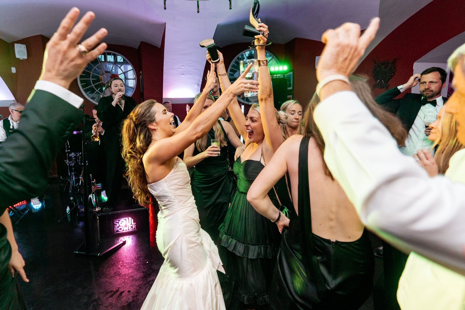 Wedding party dancing and live band on the dancefloor at Markree Castle