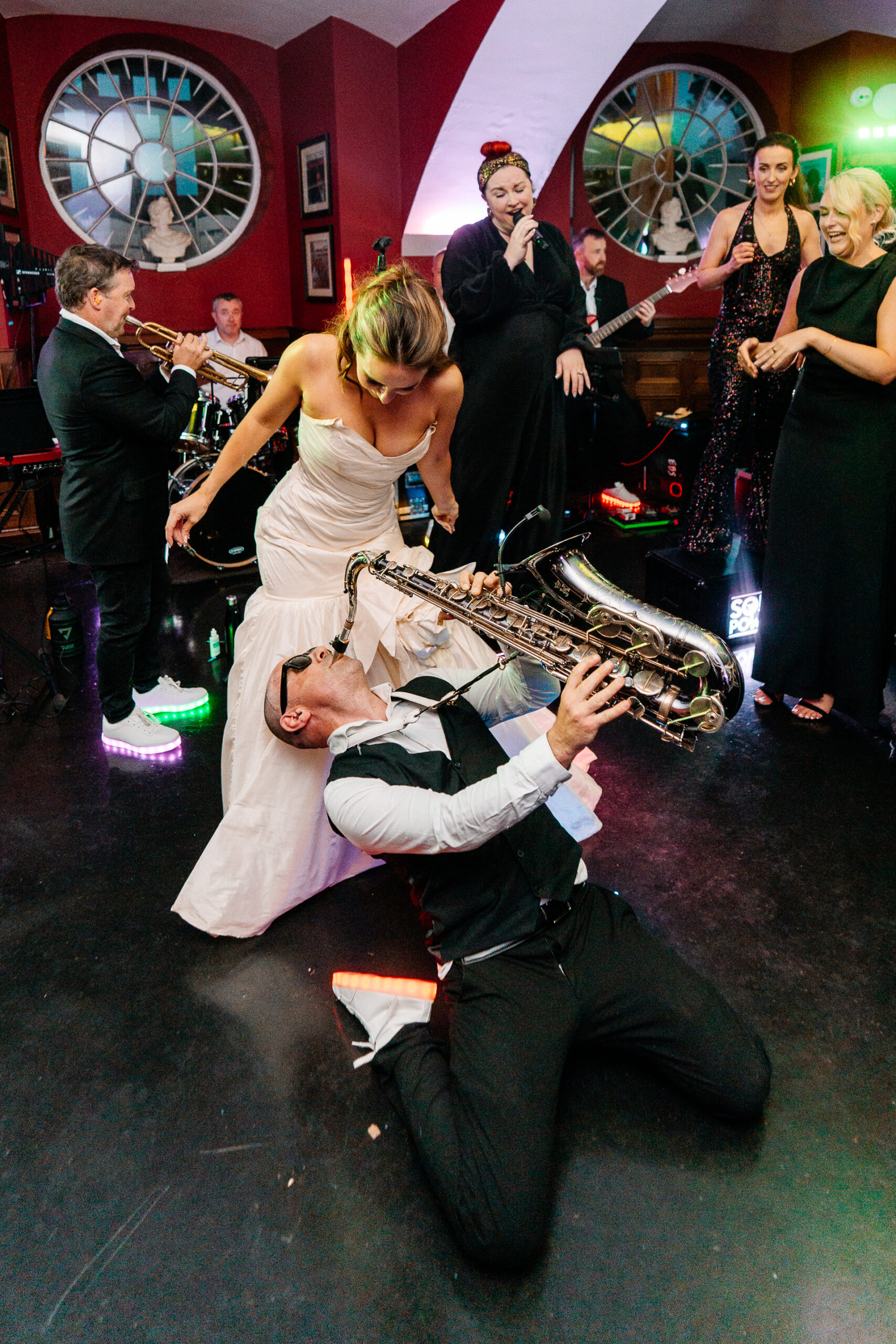 Wedding party dancing and live band on the dancefloor at Markree Castle