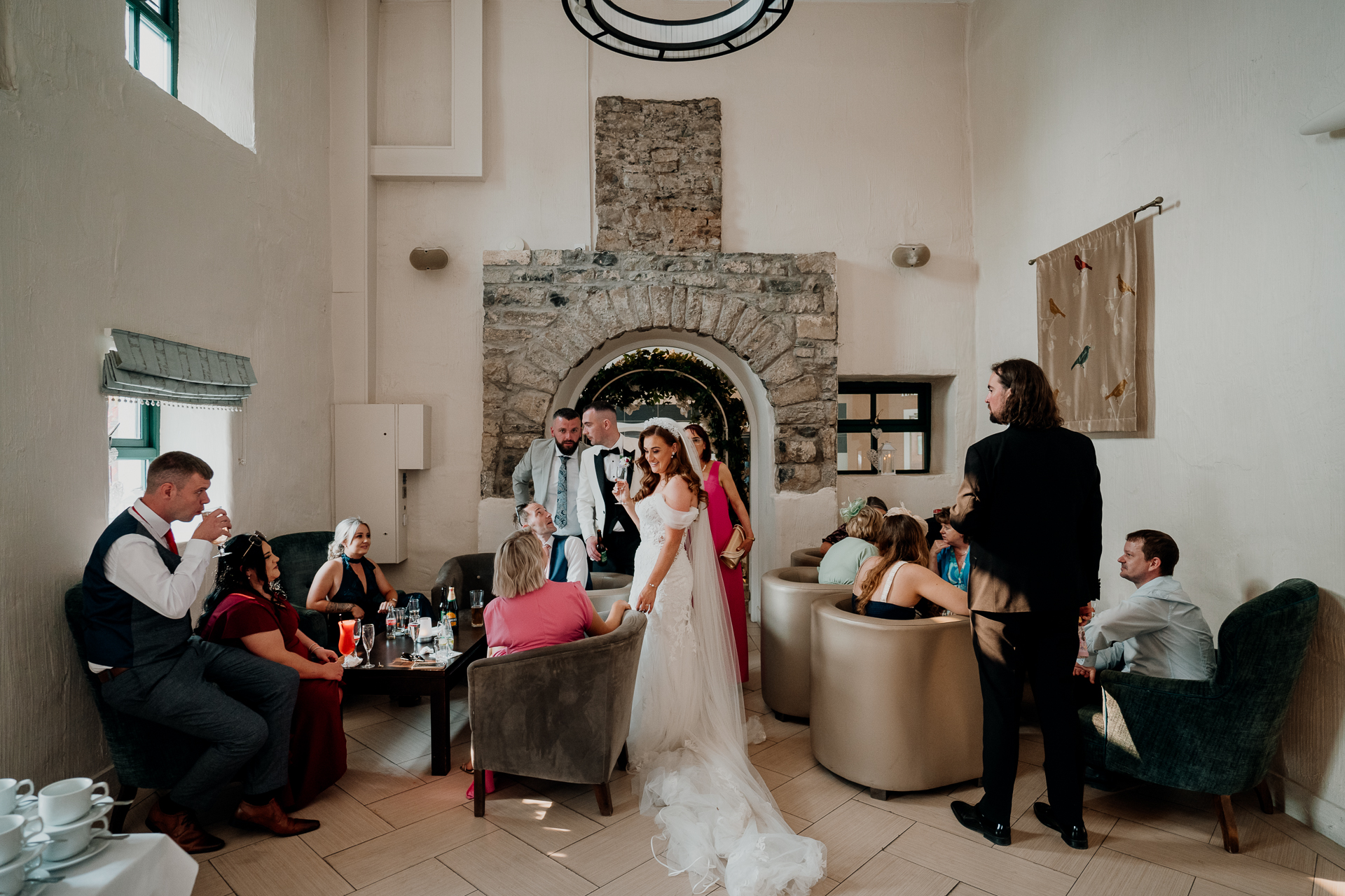 Castle Dargan wedding reception dining room with panoramic views Bride and groom portraits inside Castle Dargan Estate dining room Elegant Castle Dargan wedding dining room setup in Sligo