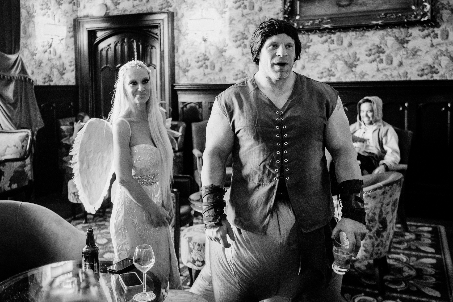 Bride and groom in fantasy-inspired costumes during rehearsal dinner at Markree Castle, Sligo, Ireland