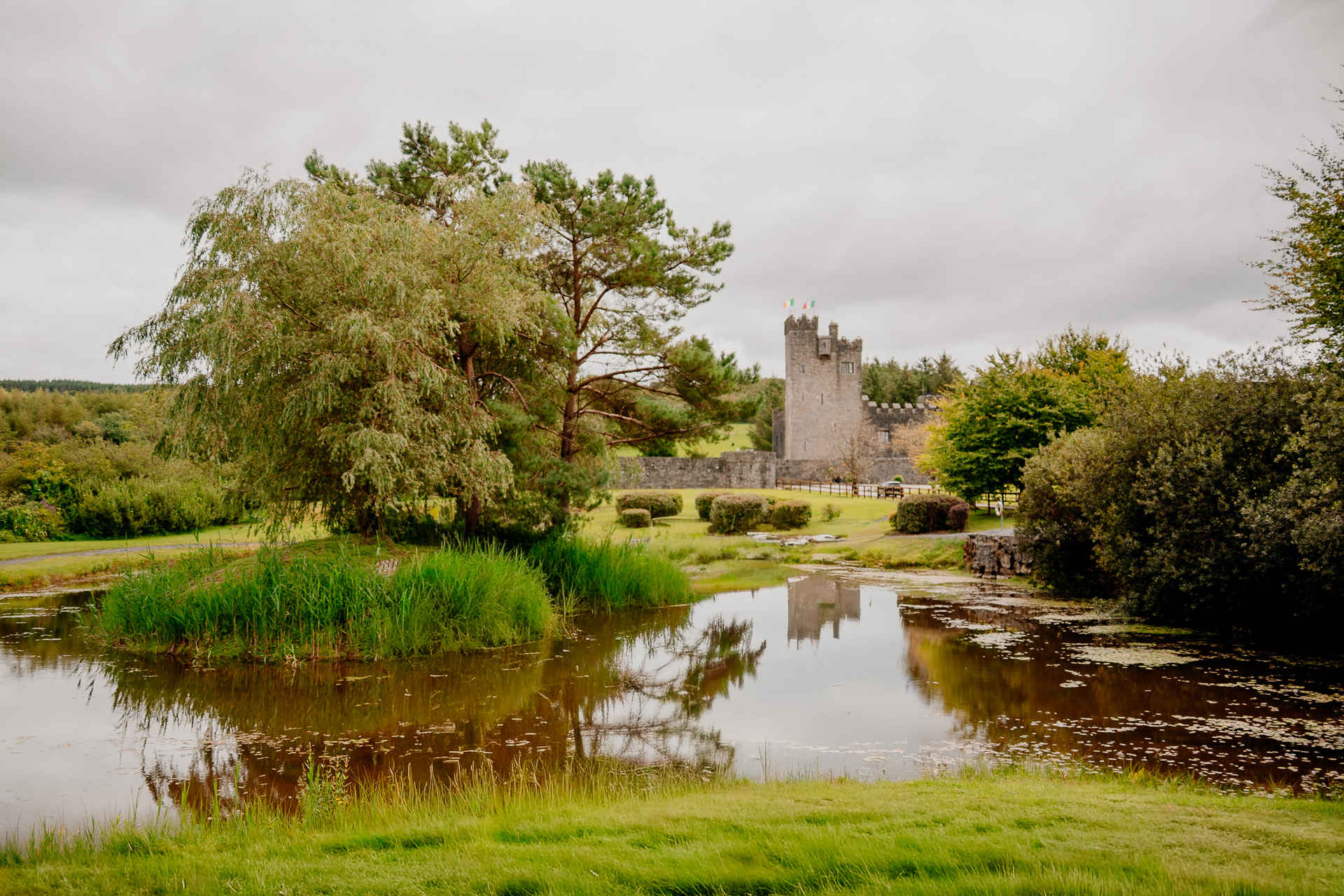 Cloughan Castle and its grounds beside the water in County Galway, Ireland