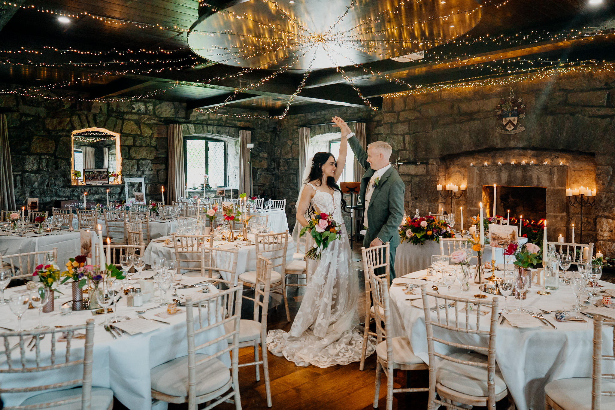 Bride and groom in the wedding dining room at Cloughan Castle in County Galway