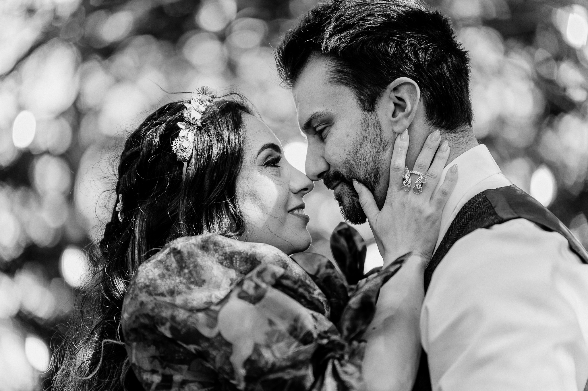 Black and white close-up of a couple during their Markree Castle pre-wedding session