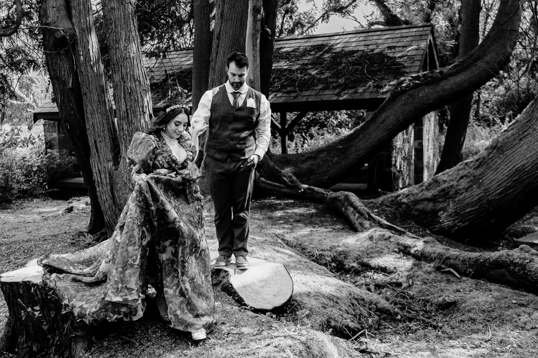 Couple portrait in the woodland near the Boathouse at Markree Castle