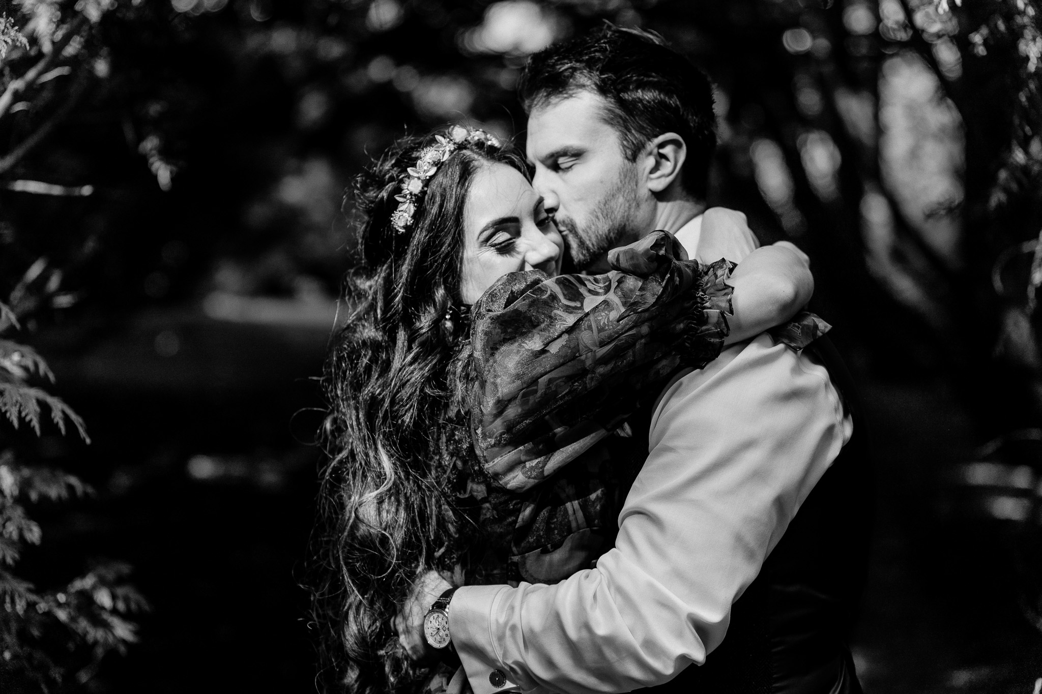 Black and white couple portrait in the woodlands at Markree Castle