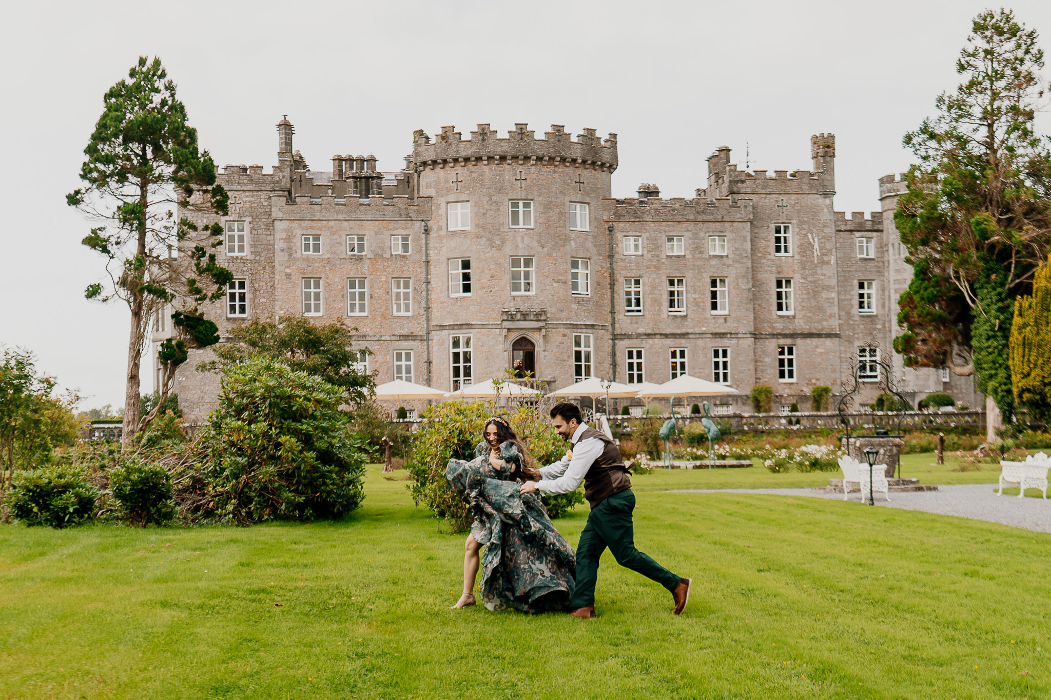 Couple enjoying their pre-wedding session in the grounds of Markree Castle