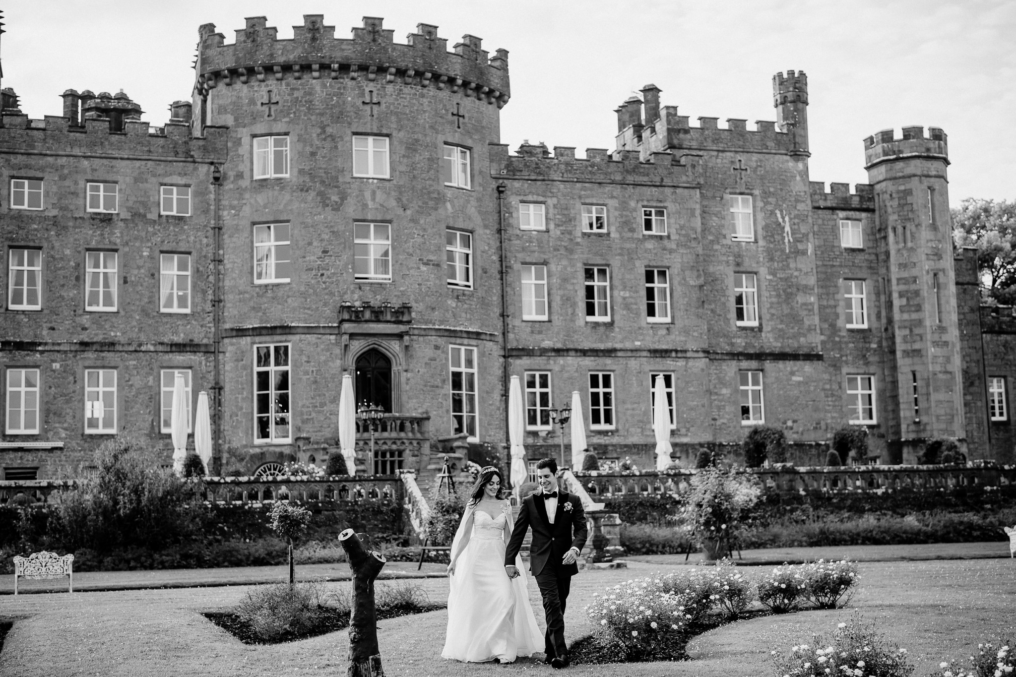 Bride and groom at sunset in front of Markree Castle in Sligo