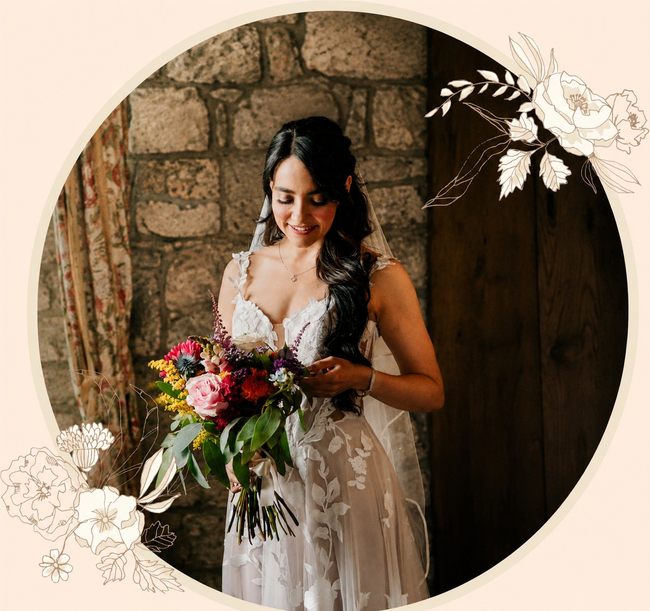 Bride holding a colourful wedding bouquet at an Irish castle wedding