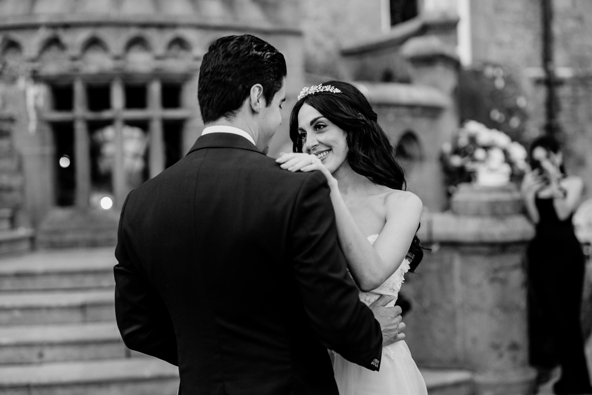 Black and white photo of bride and groom during their outdoor first dance at Markree Castle