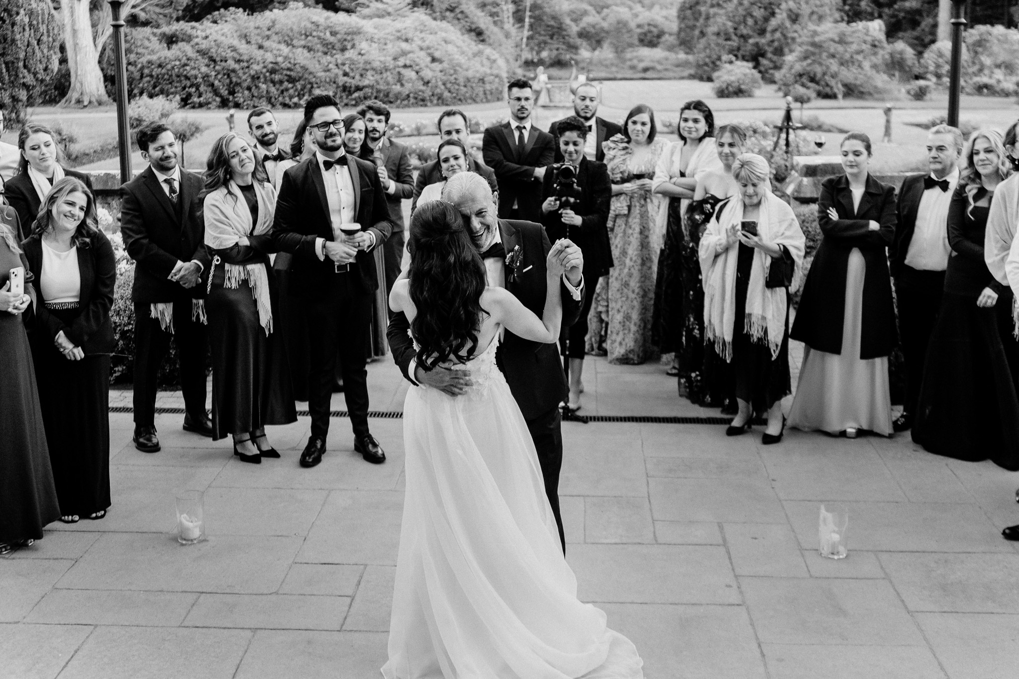 Bride and her father dancing surrounded by wedding guests at Markree Castle