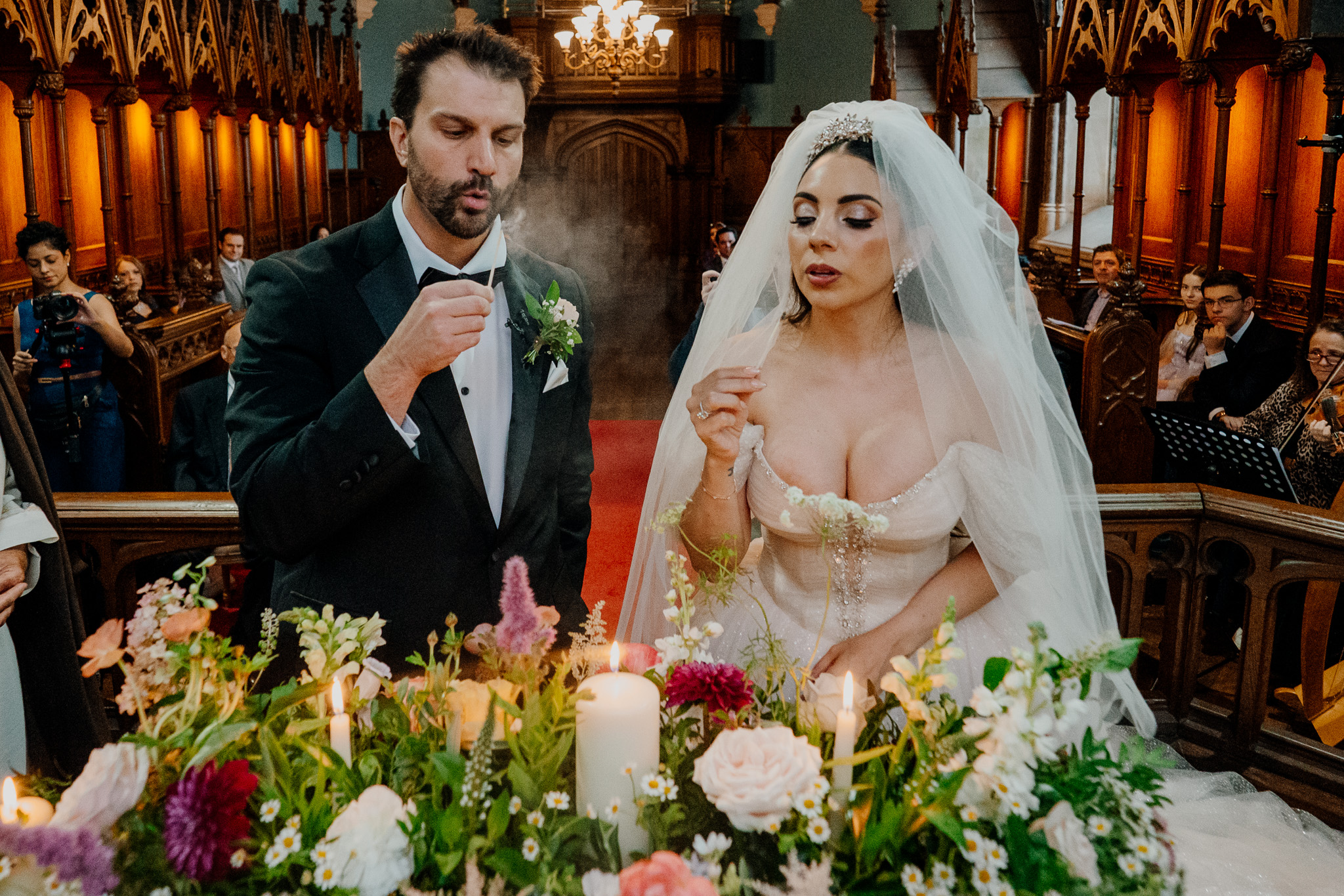 Bride and groom during their wedding ceremony in the chapel at Markree Castle