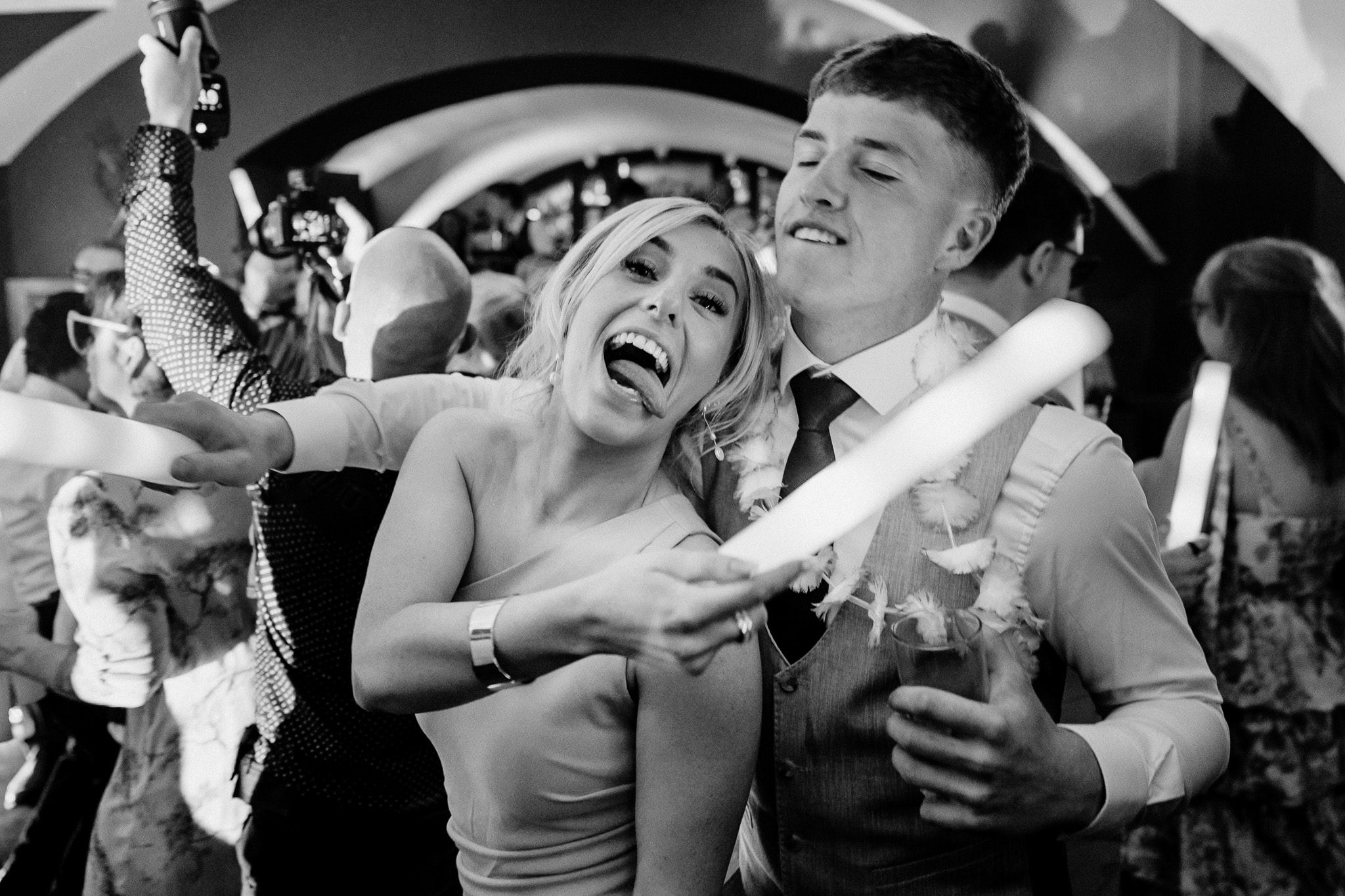 Wedding guests laughing together on the dance floor at Markree Castle