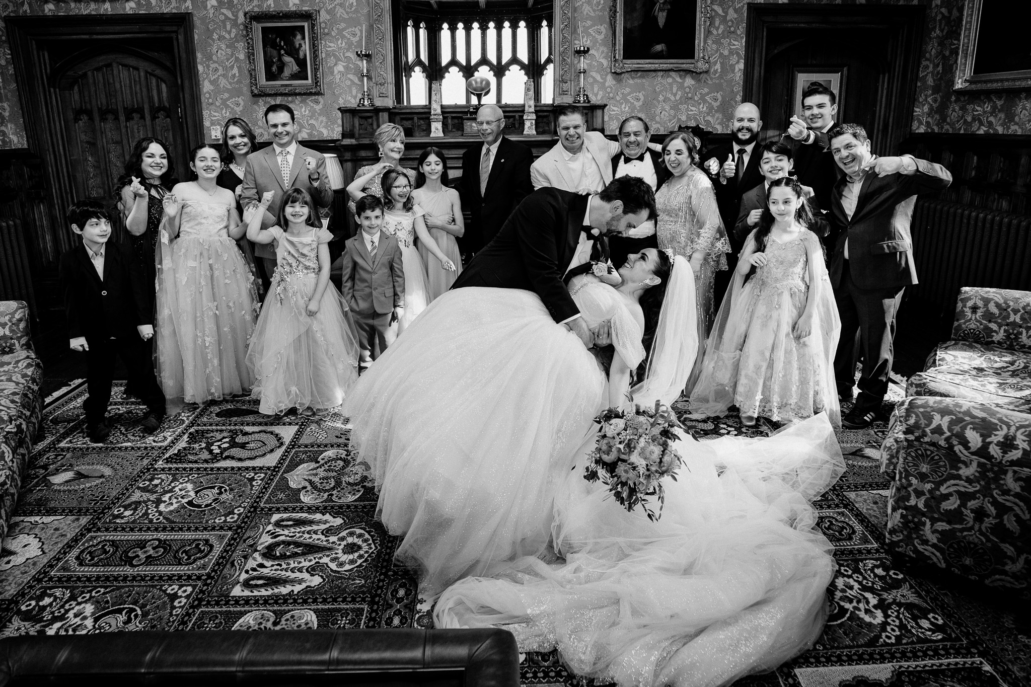 Wedding family group photo in the Billiard Room at Markree Castle