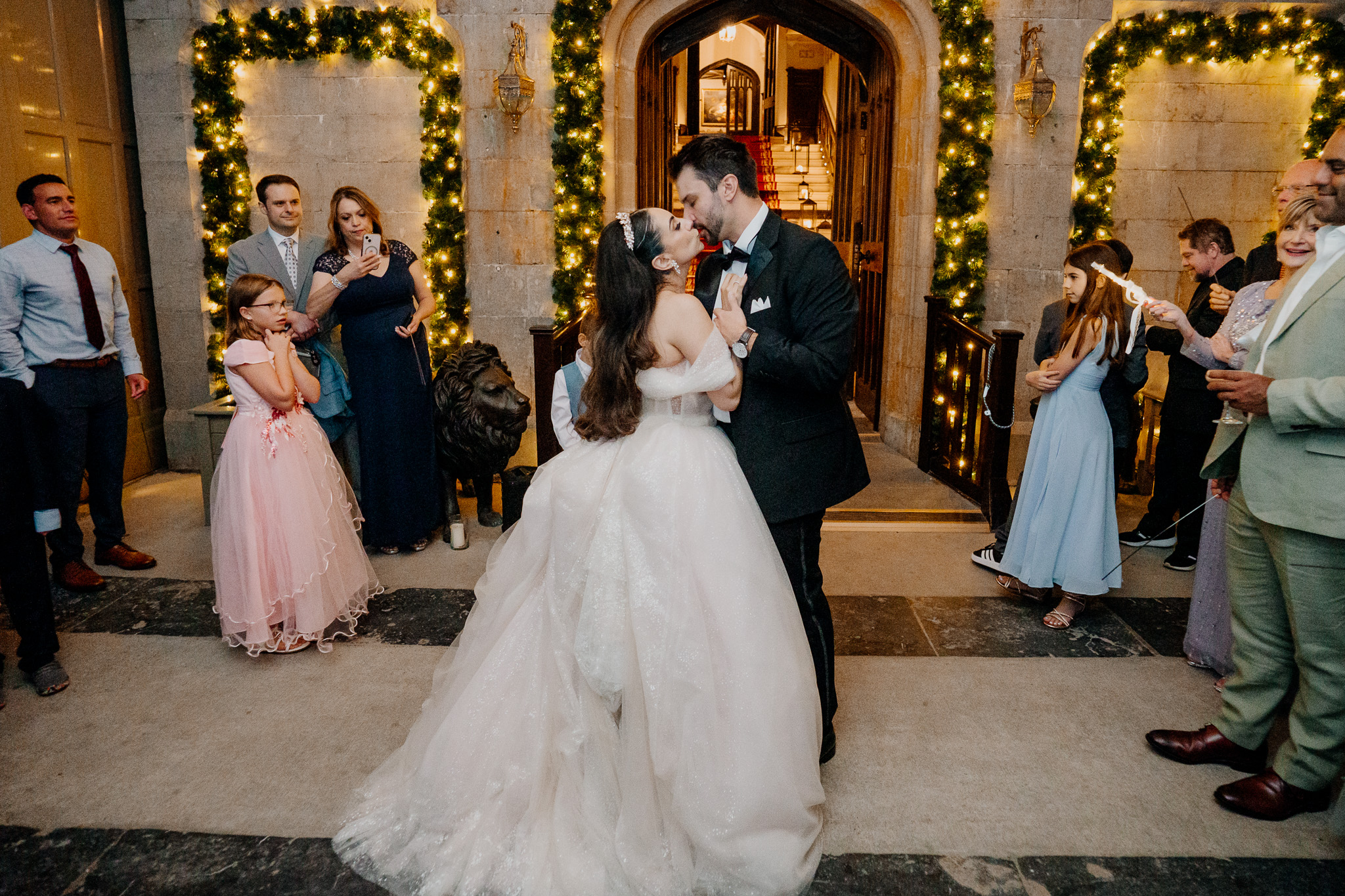 Bride and groom first dance under the archway at Markree Castle
