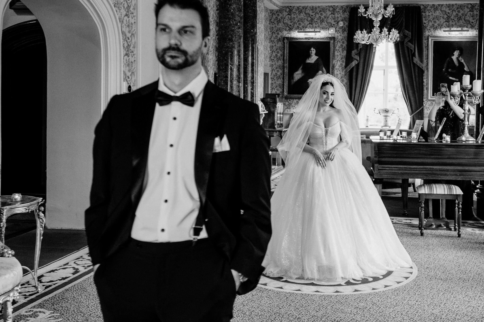 Groom waiting to see his bride during a first look at Markree Castle