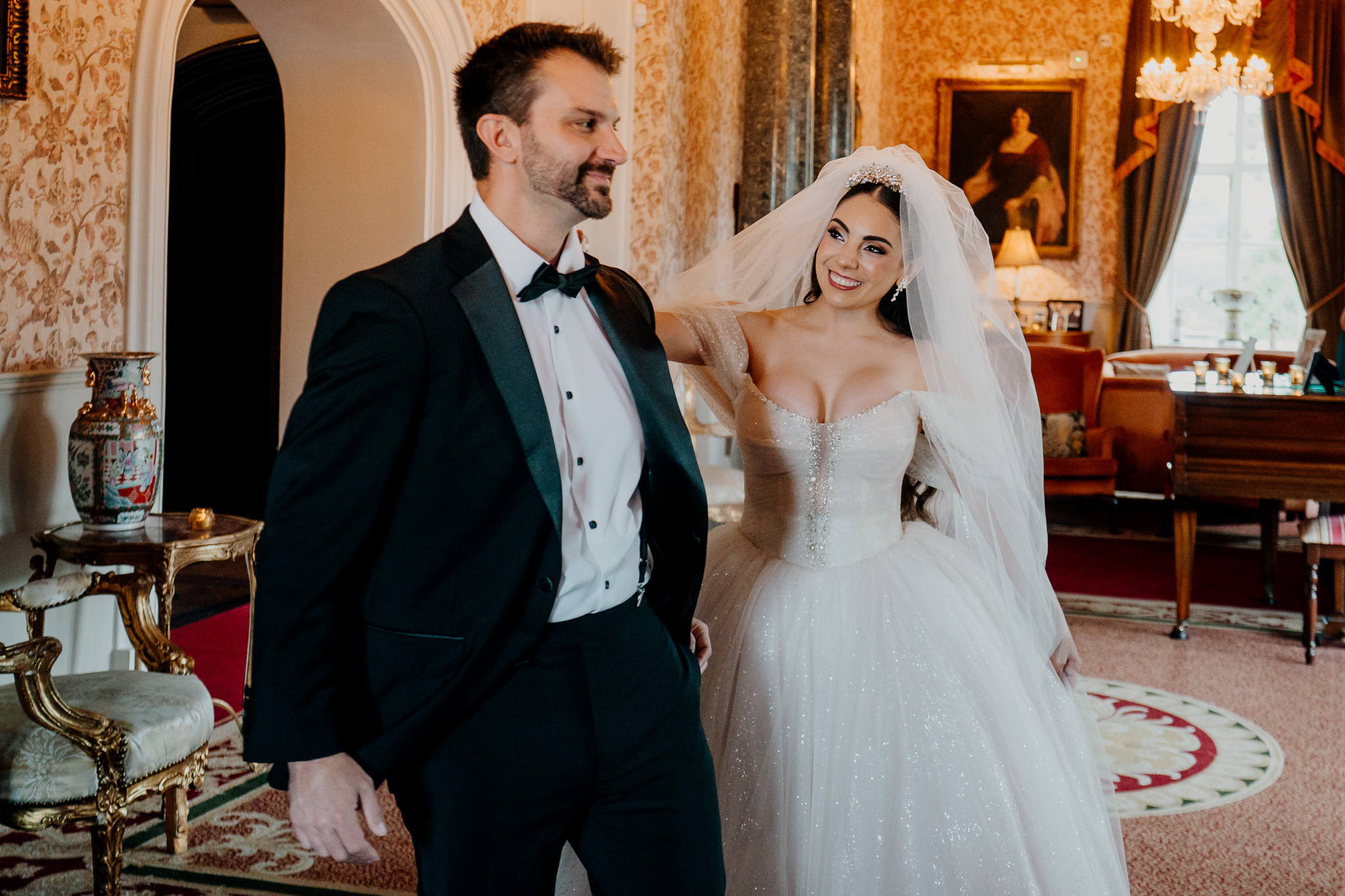 Groom seeing his bride during their wedding first look at Markree Castle