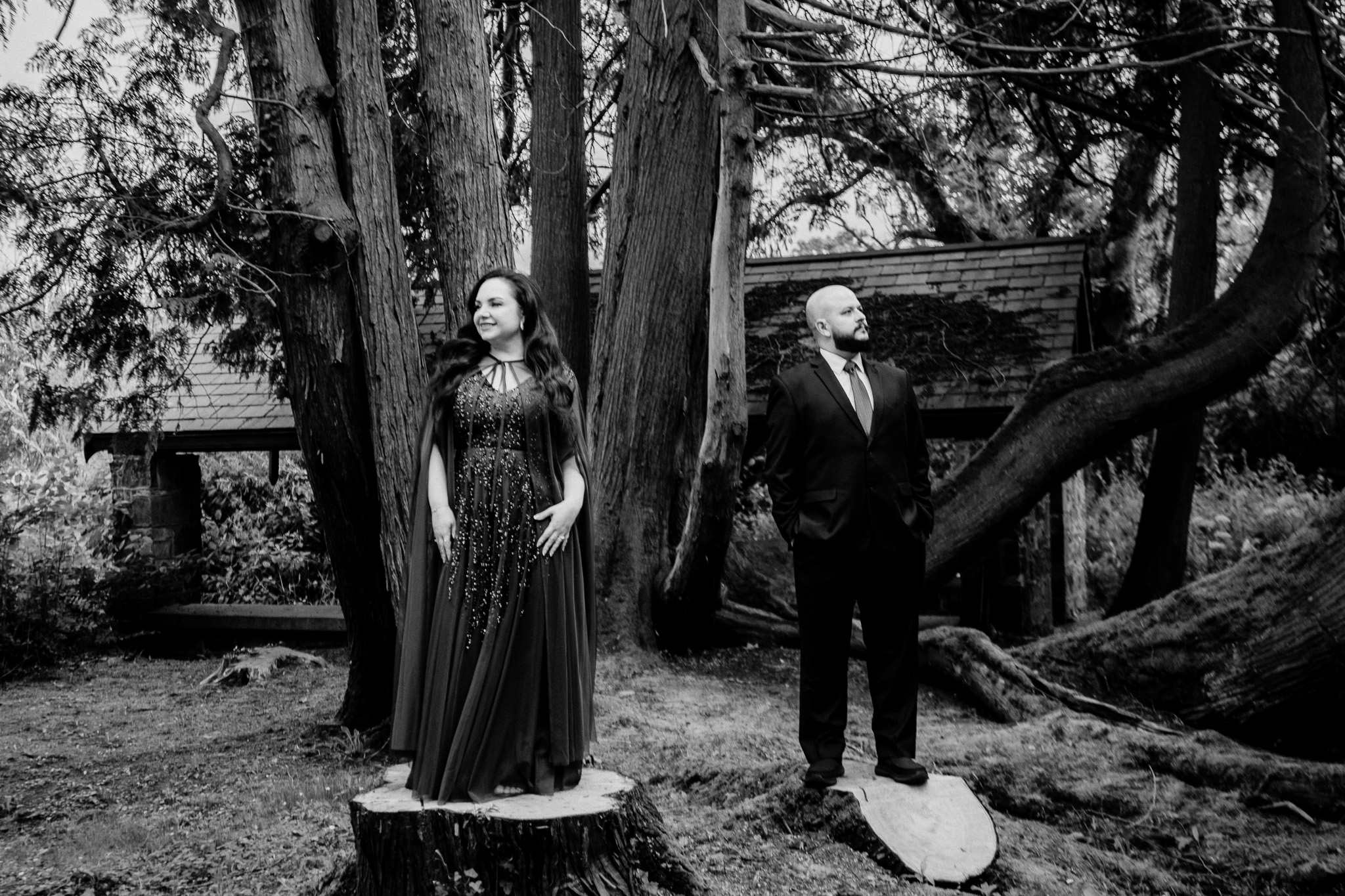 Black and white wedding guest portrait at the Markree Castle Boathouse