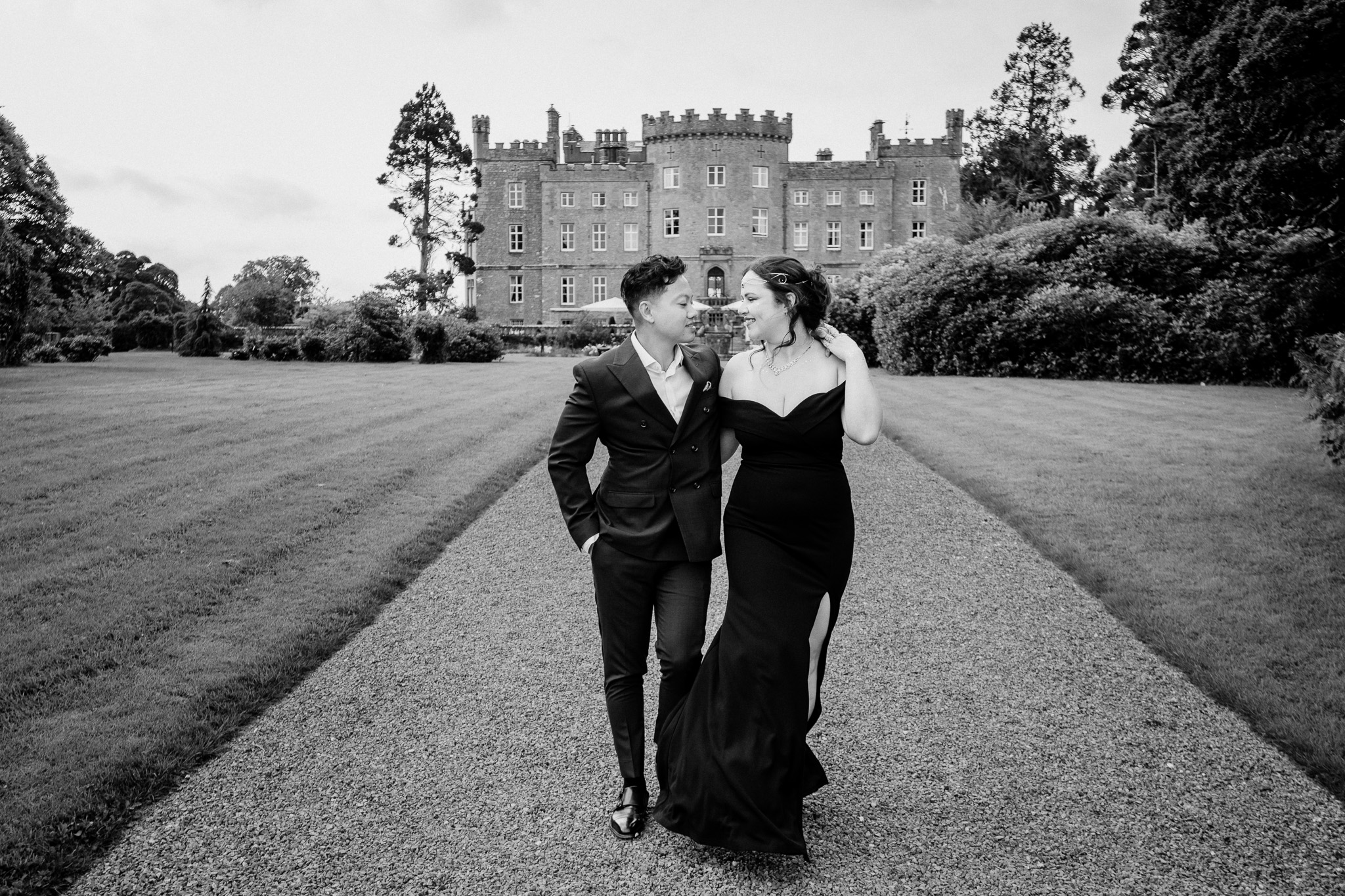 Black and white couple portrait with Markree Castle in the background