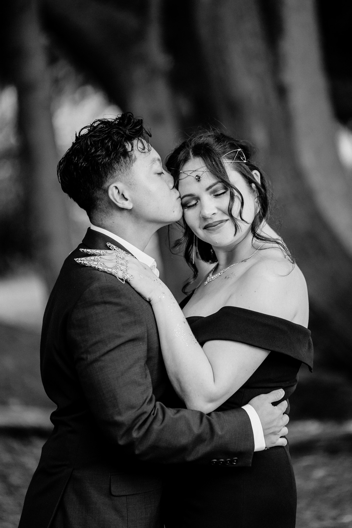 Black and white couple portrait in the woodlands at Markree Castle