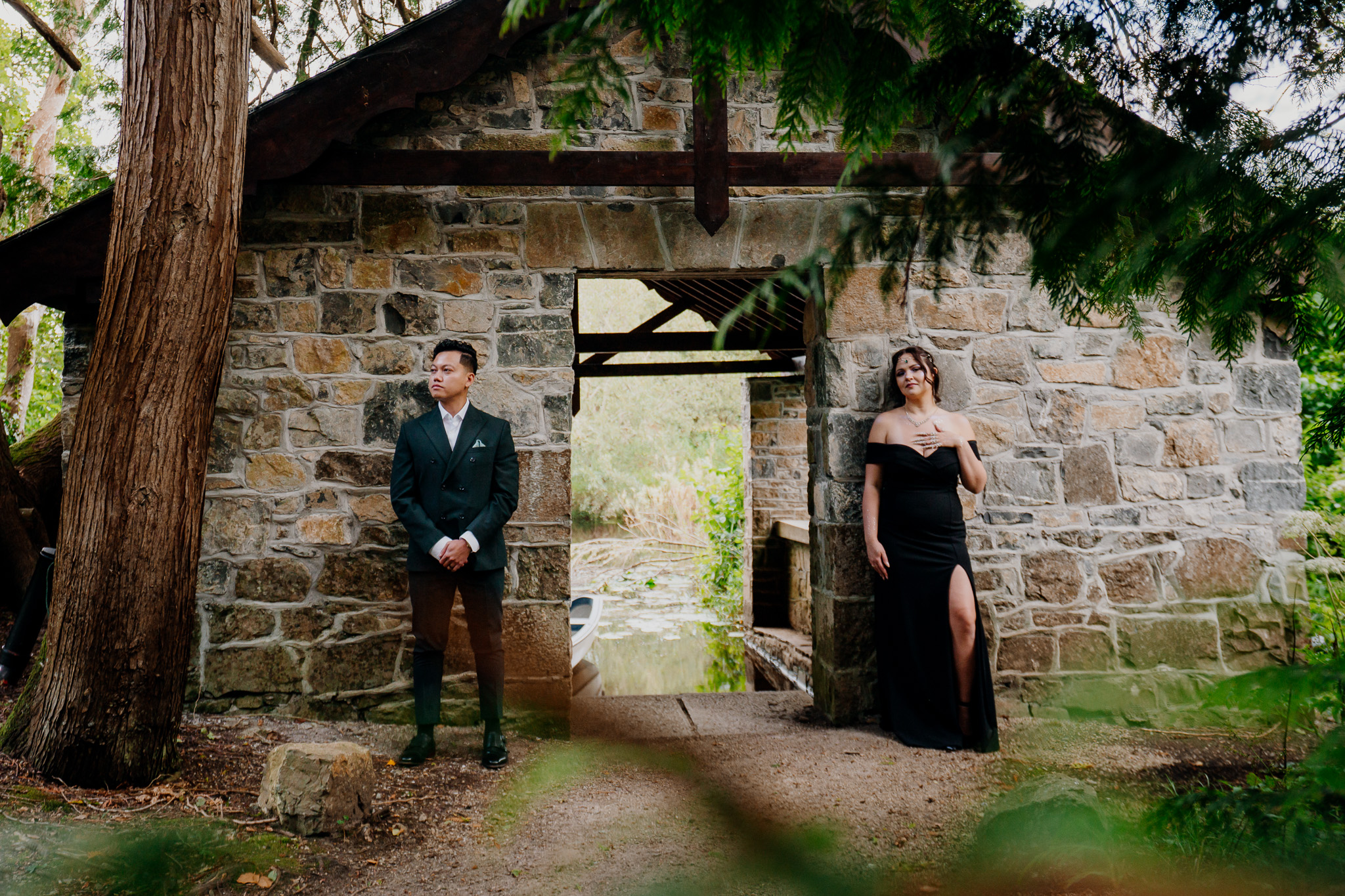 Wedding guests during a mini photo session at Markree Castle Boathouse