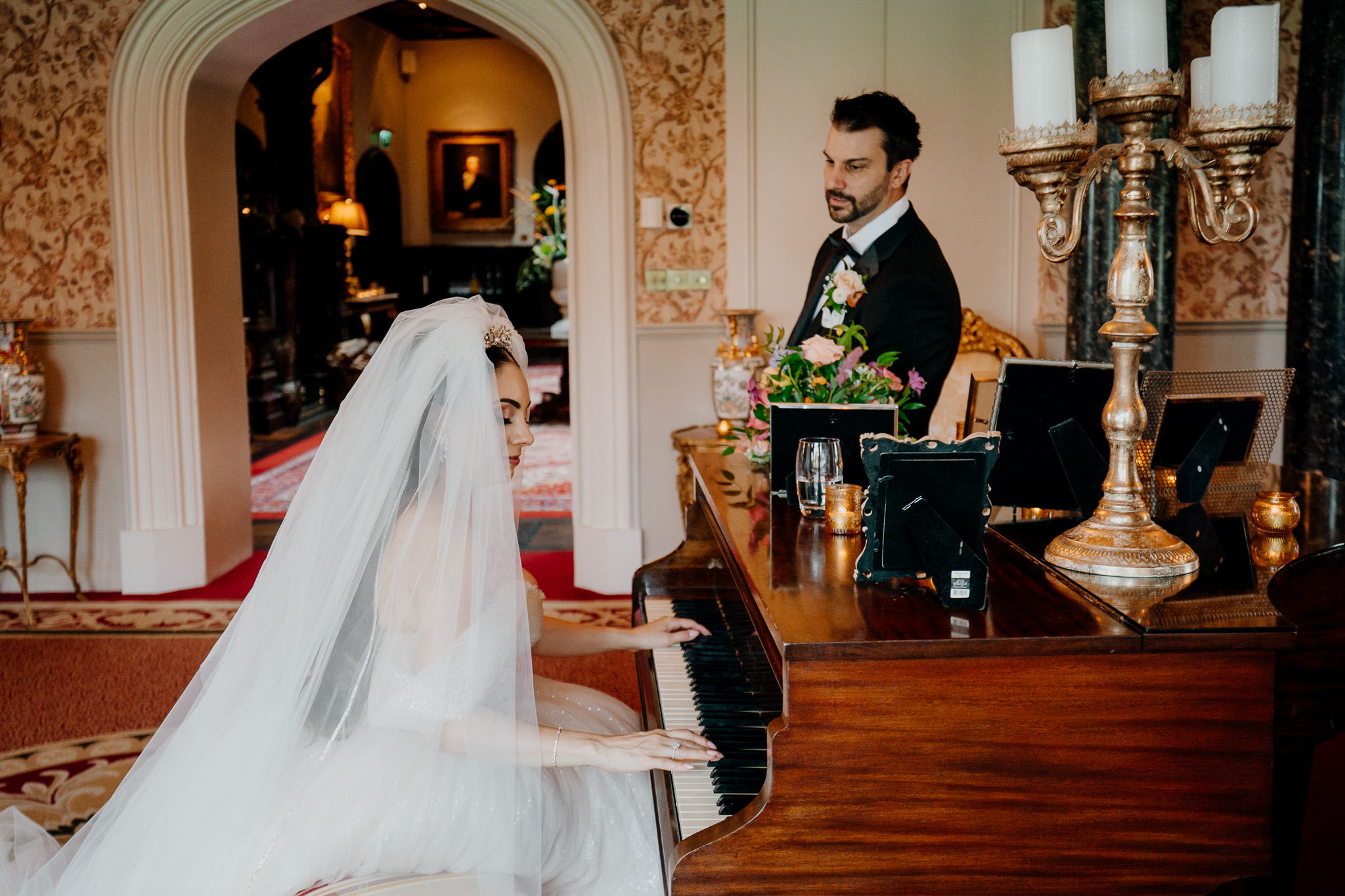 Bride and groom wedding portrait in the historic interior of Markree Castle