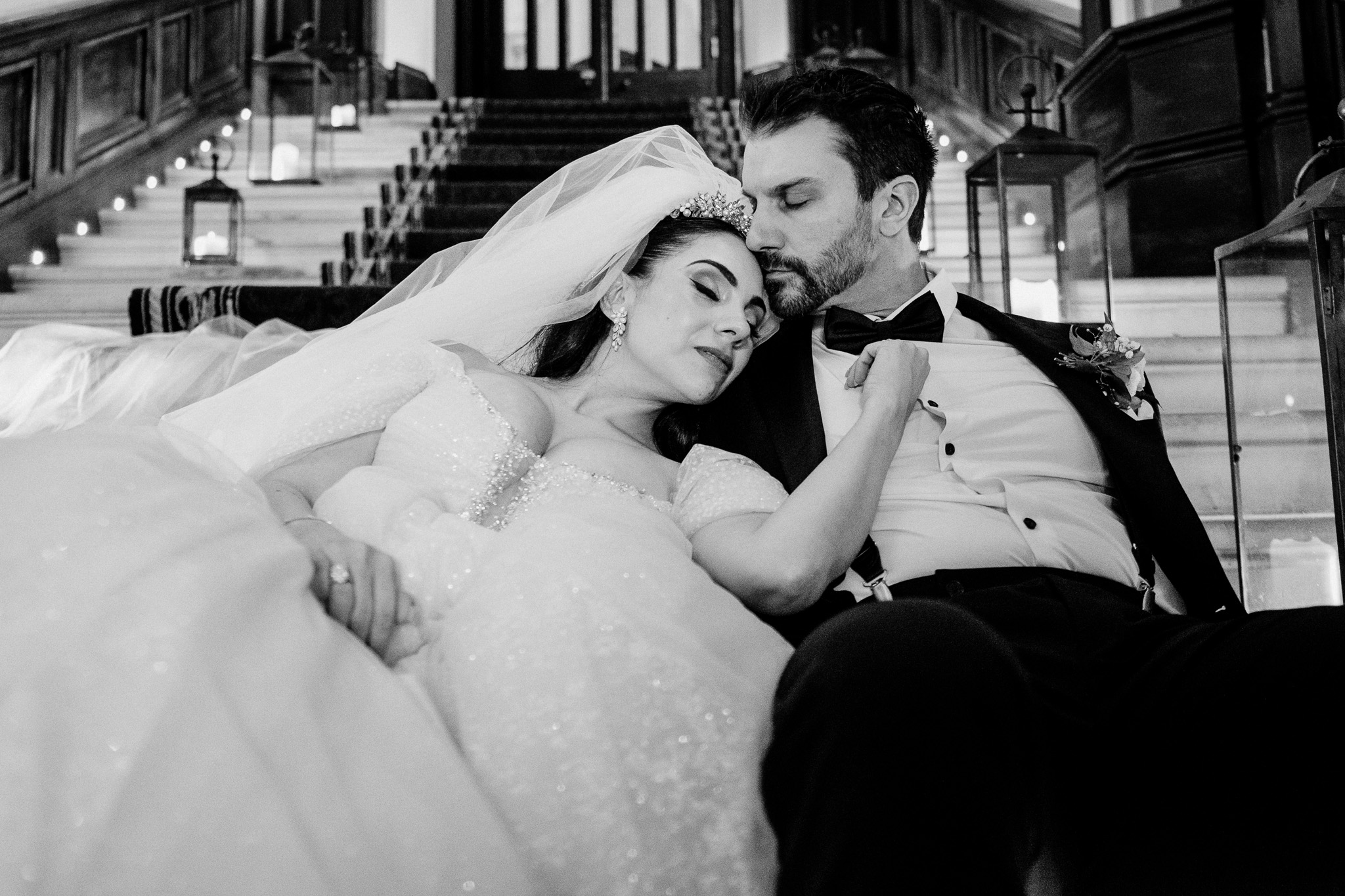 Black and white bride and groom portrait at Markree Castle