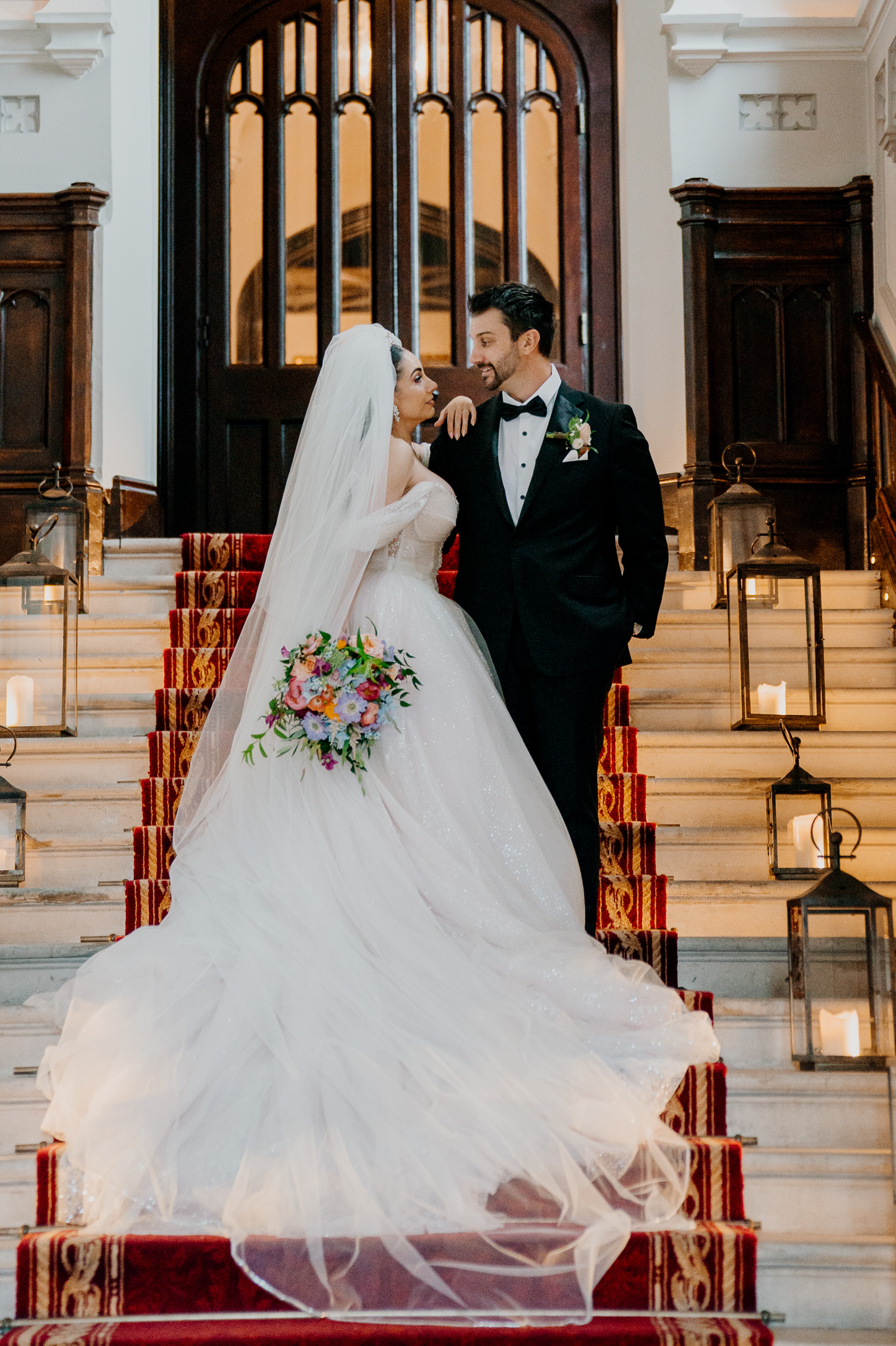 Bride and groom wedding portrait on the grand staircase at Markree Castle