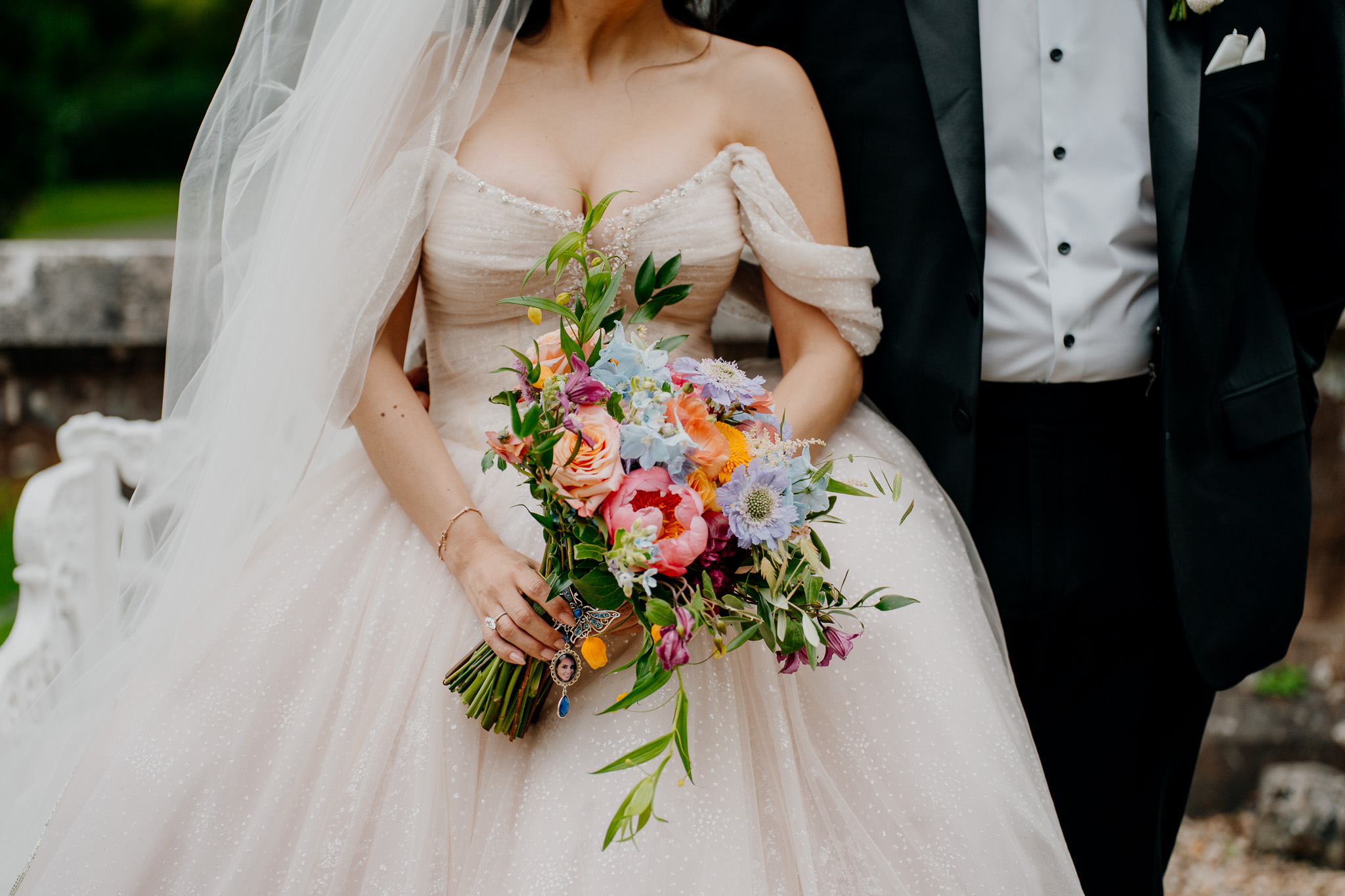 Bride with colourful wedding bouquet during a bridal portrait at Markree Castle