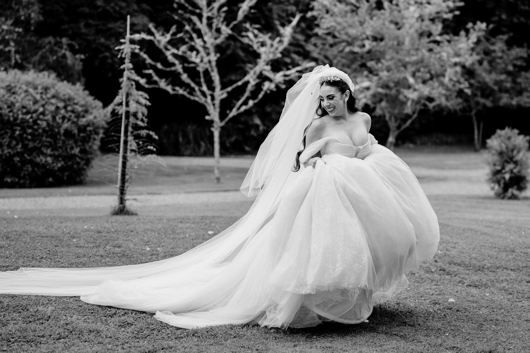 Black and white bridal portrait in the gardens at Markree Castle
