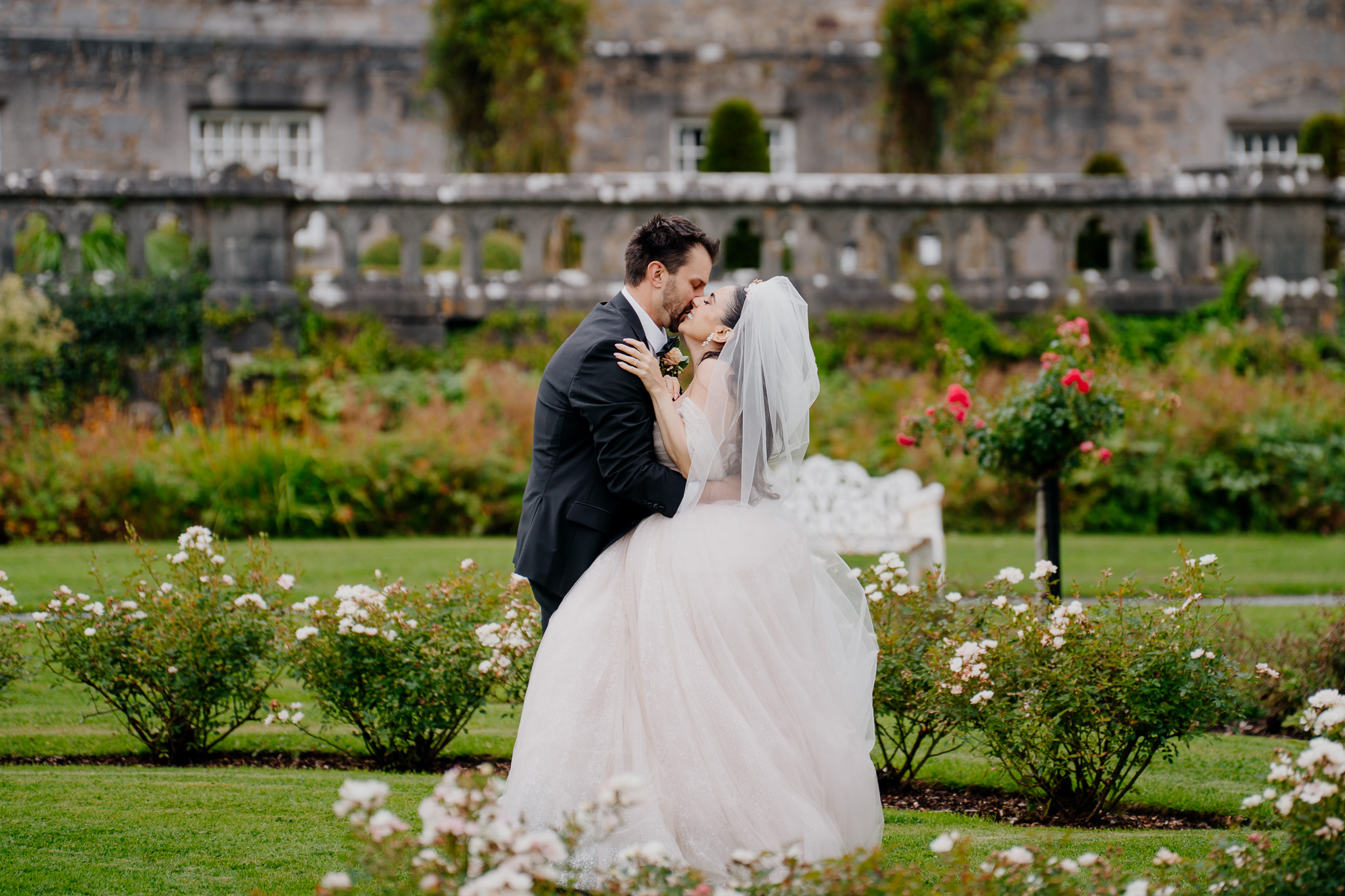 Bride and groom portrait during a wedding photo session in the gardens at Markree Castle