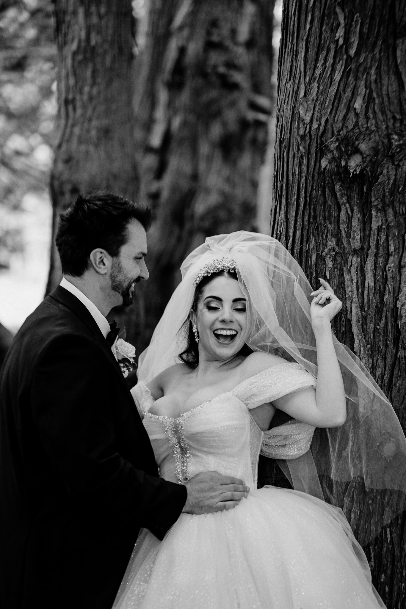 Black and white bride and groom portrait in the Woodlands at Markree Castle