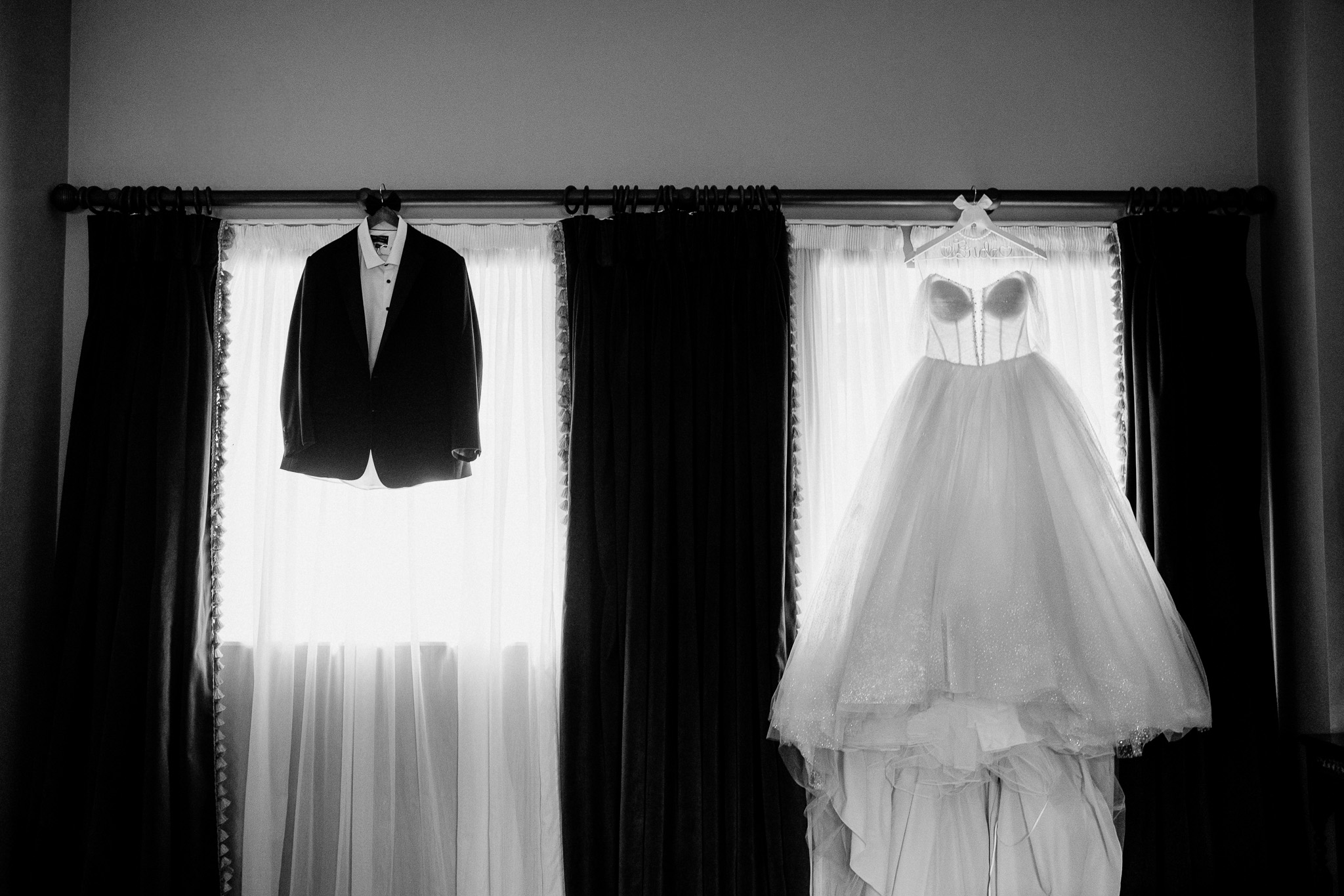 Wedding dress and groom's suit hanging in the Bridal Suite at Markree Castle