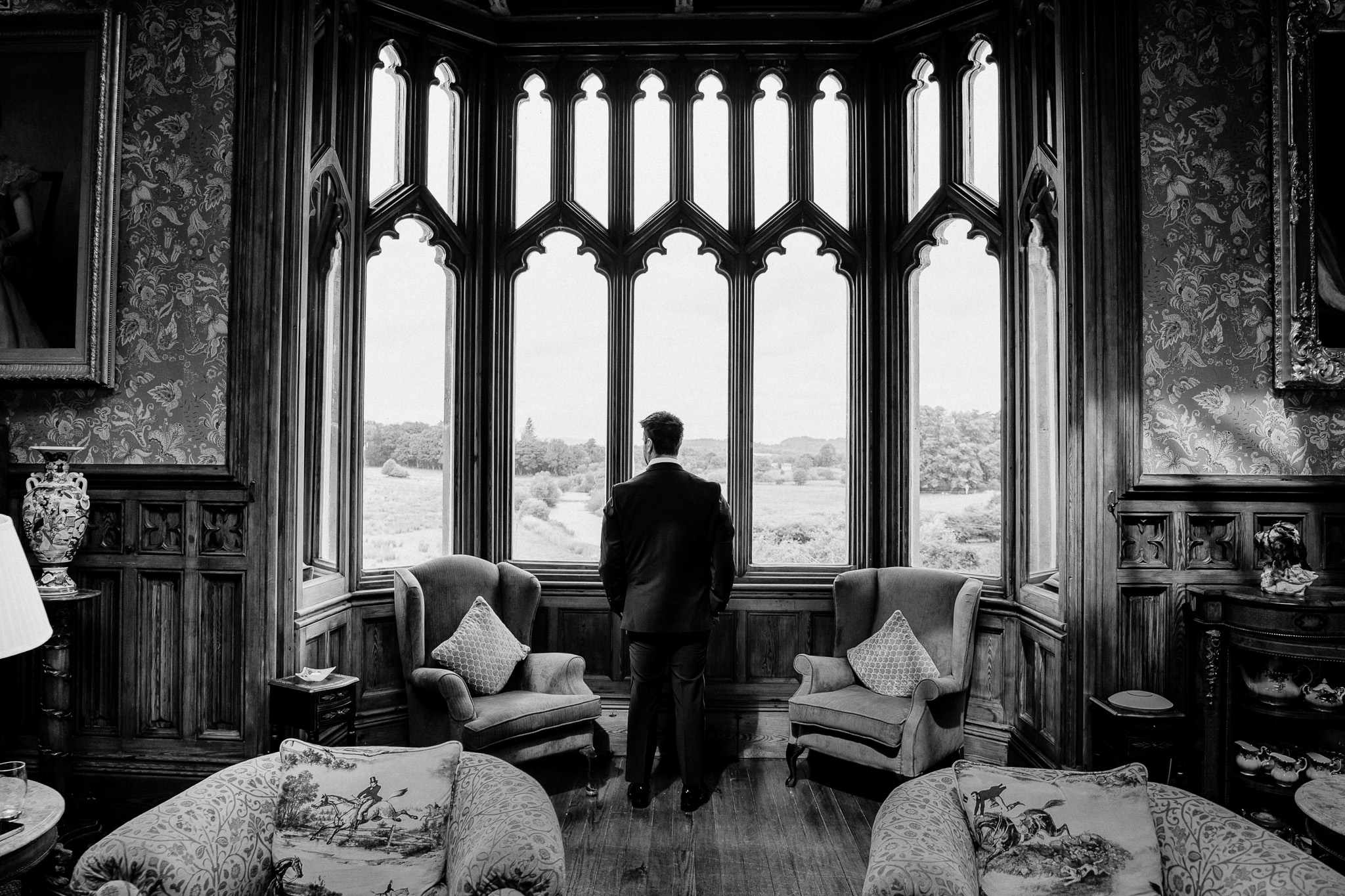 Wedding morning silhouette by a window at Markree Castle