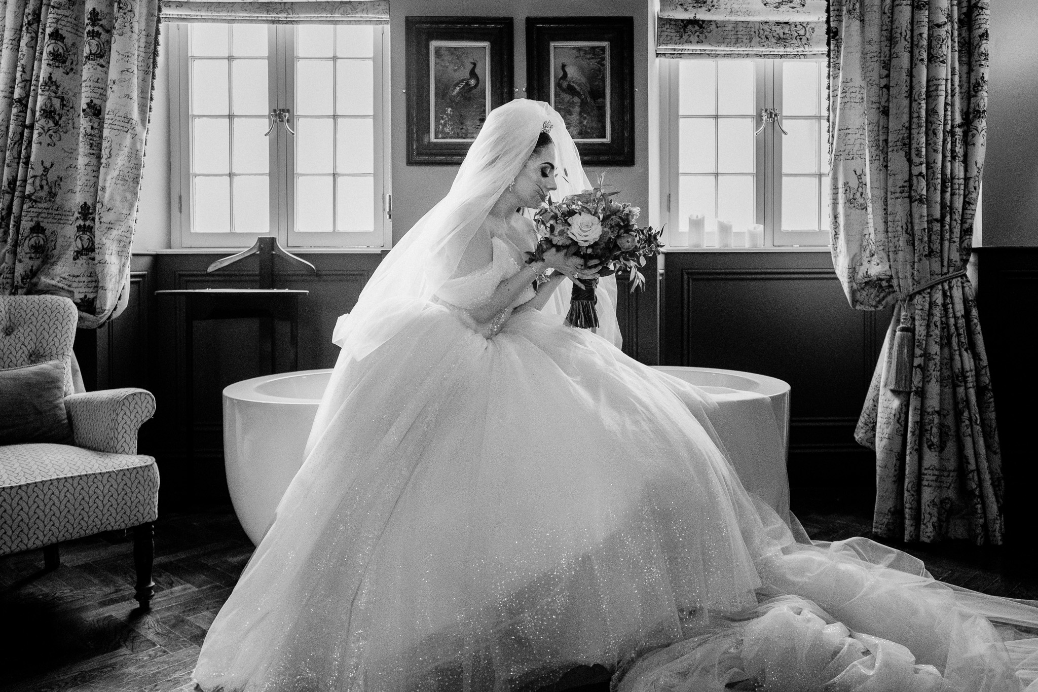 Bridal portrait by the bathtub in the Bridal Suite at Markree Castle