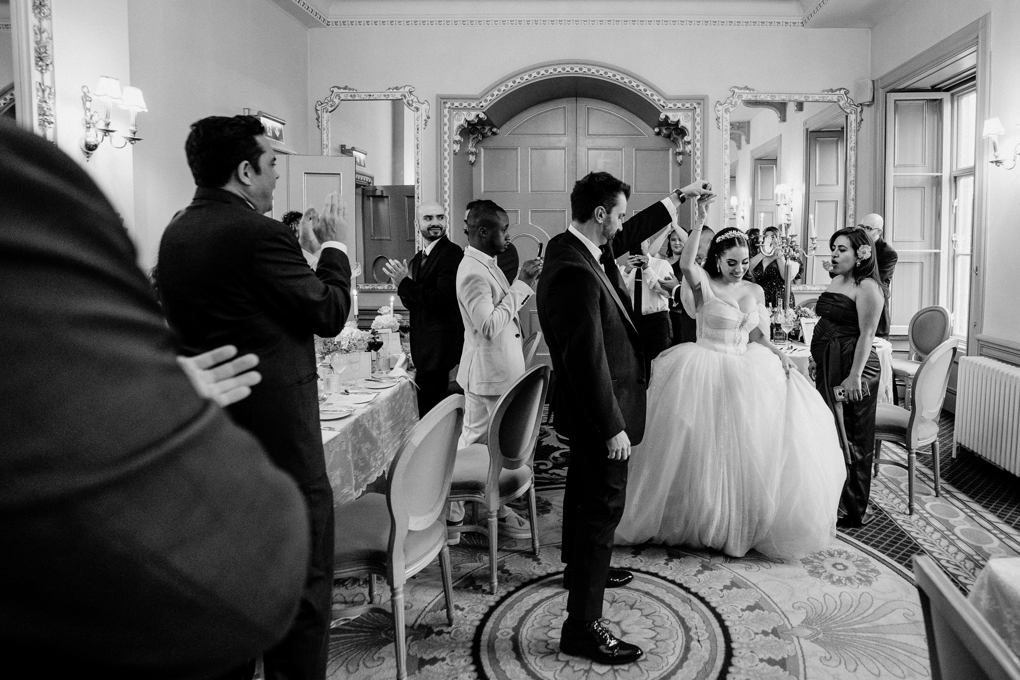 Bride and groom making their wedding reception entrance at Markree Castle