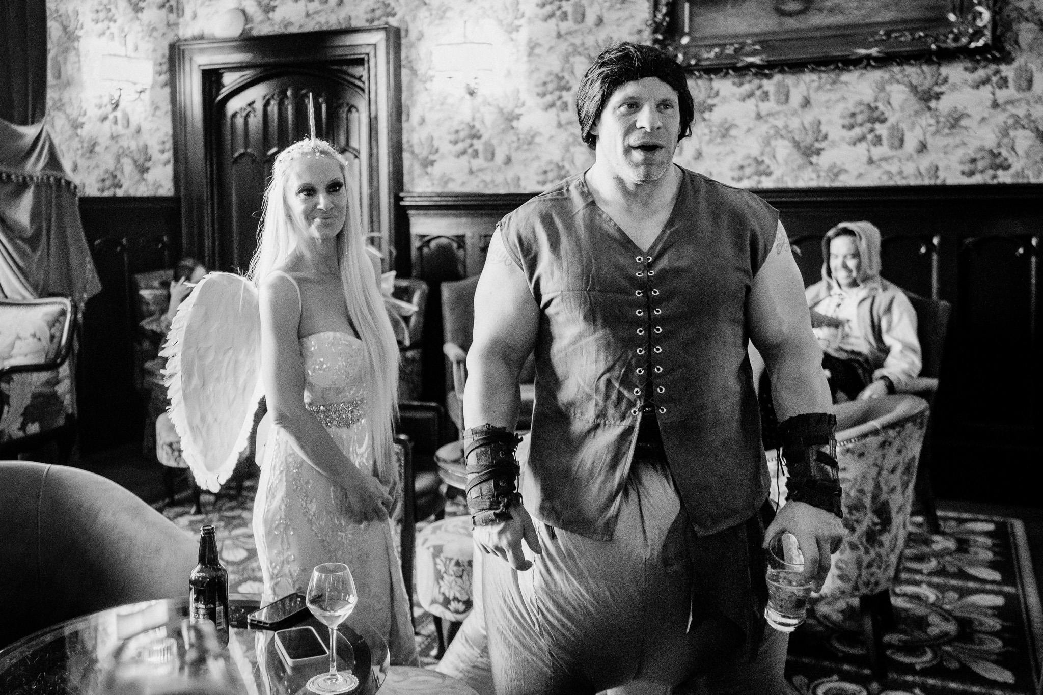 Guests in costume at a fantasy themed rehearsal dinner at Markree Castle