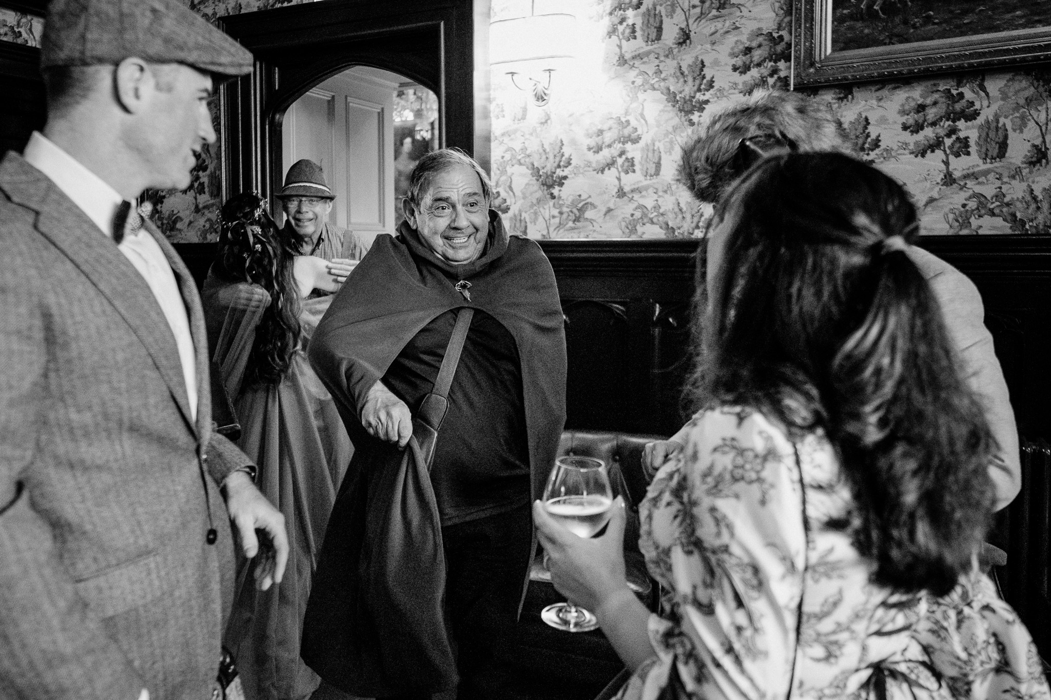 Black and white portrait of guests at a Markree Castle rehearsal dinner