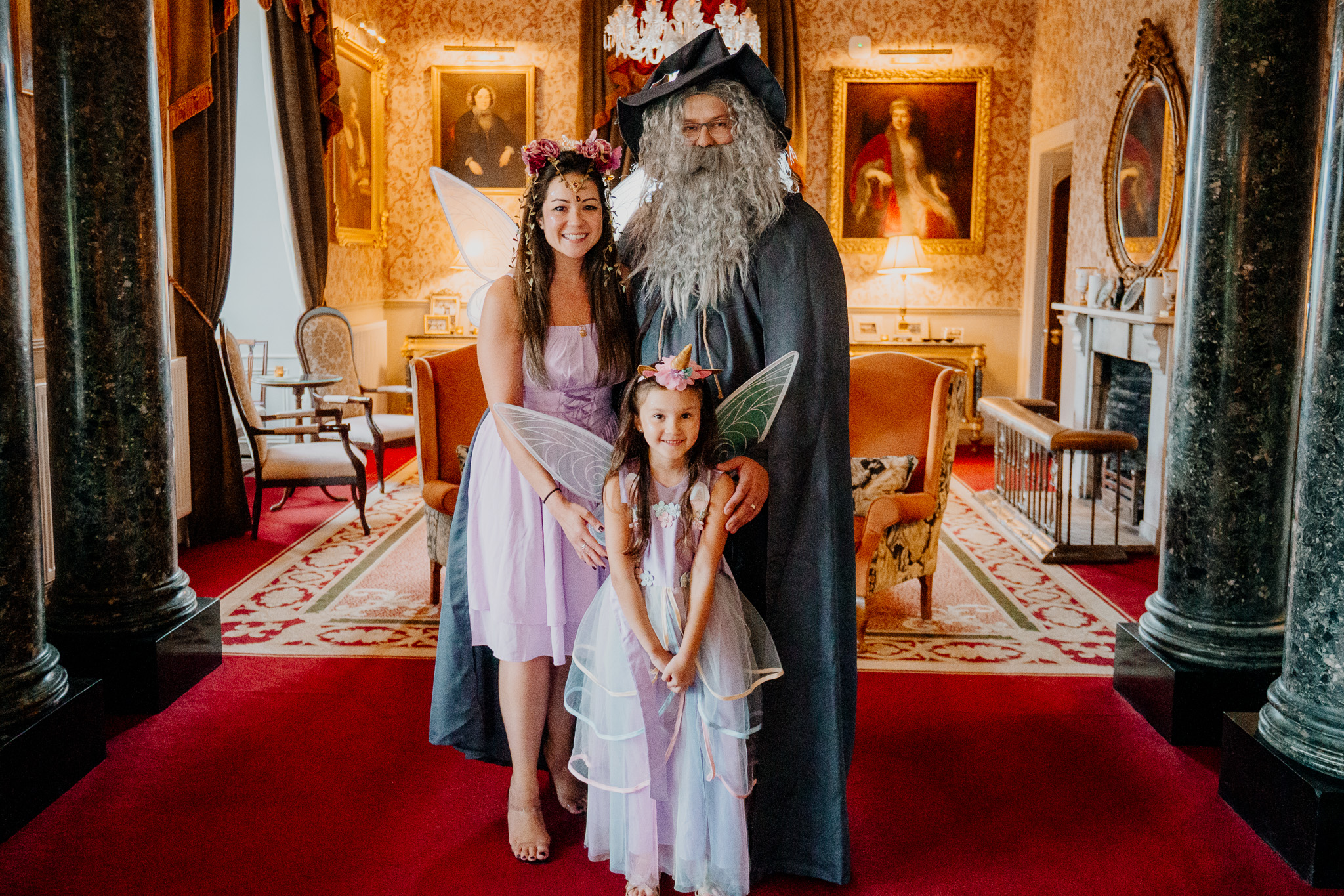Couple in fantasy costumes at their Markree Castle wedding rehearsal dinner