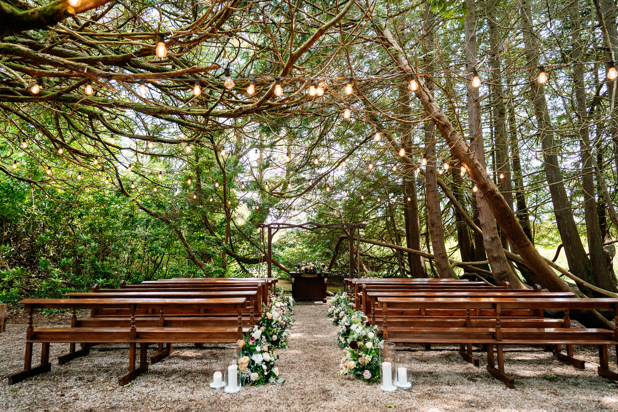 Woodland wedding ceremony setup surrounded by trees at Markree Castle in Sligo