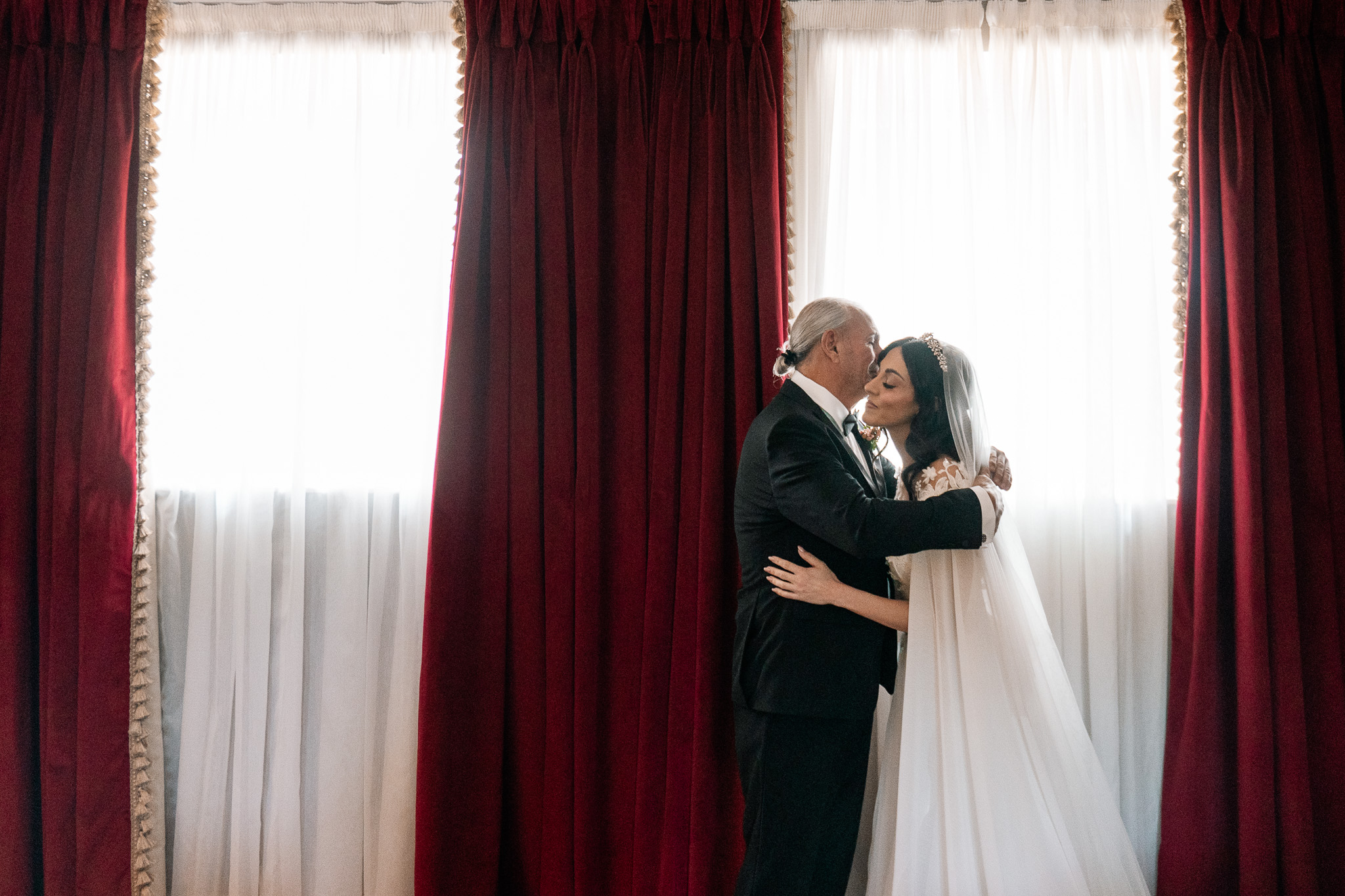 Bride hugging her father during their first look at Markree Castle