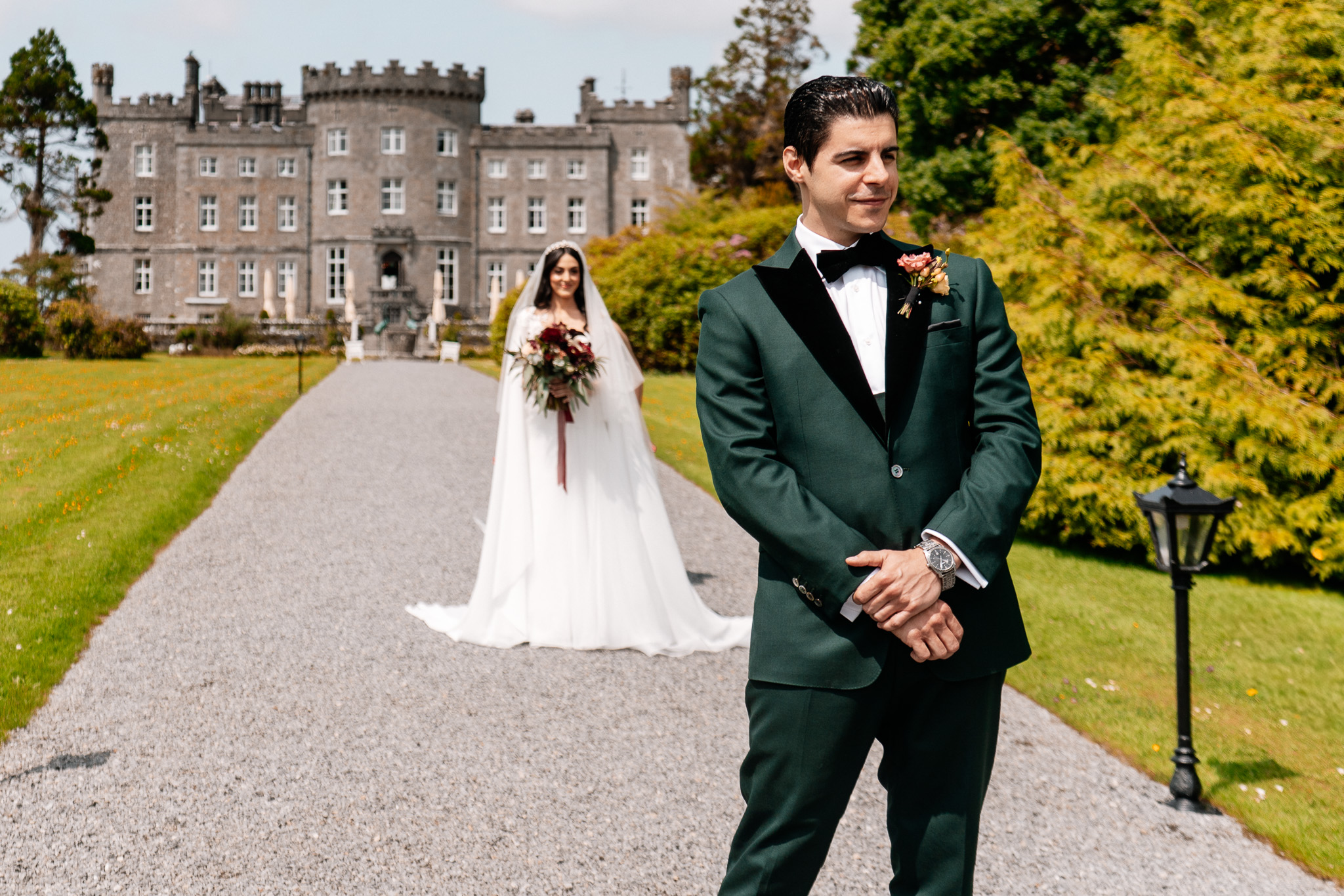 Bride approaching the groom for their first look at Markree Castle in Sligo