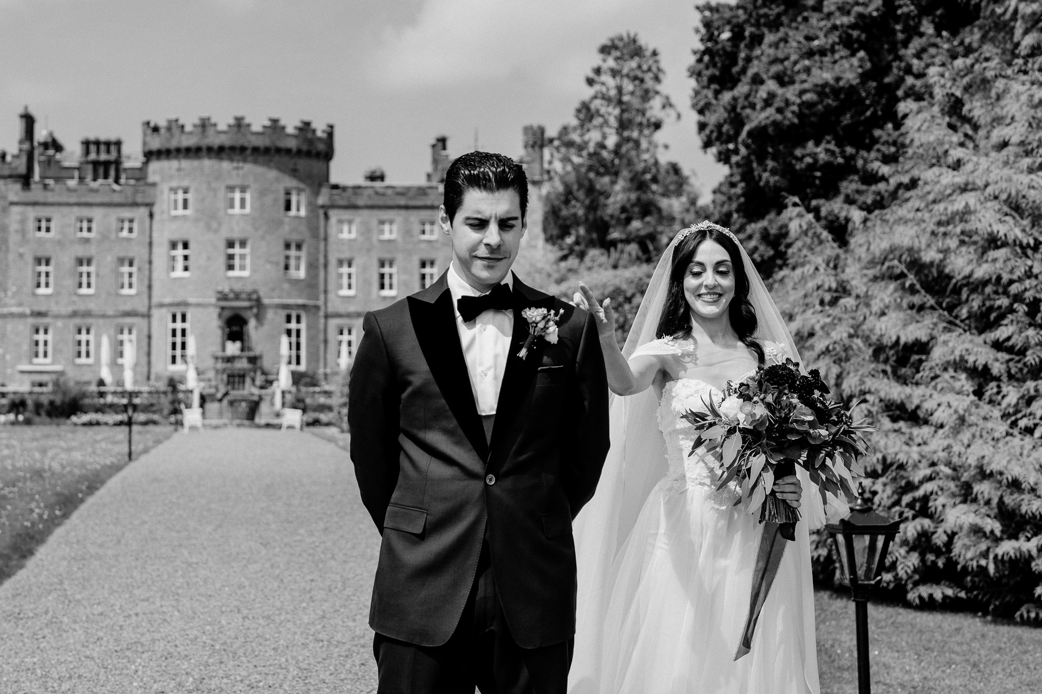Bride and groom during an emotional first look at Markree Castle