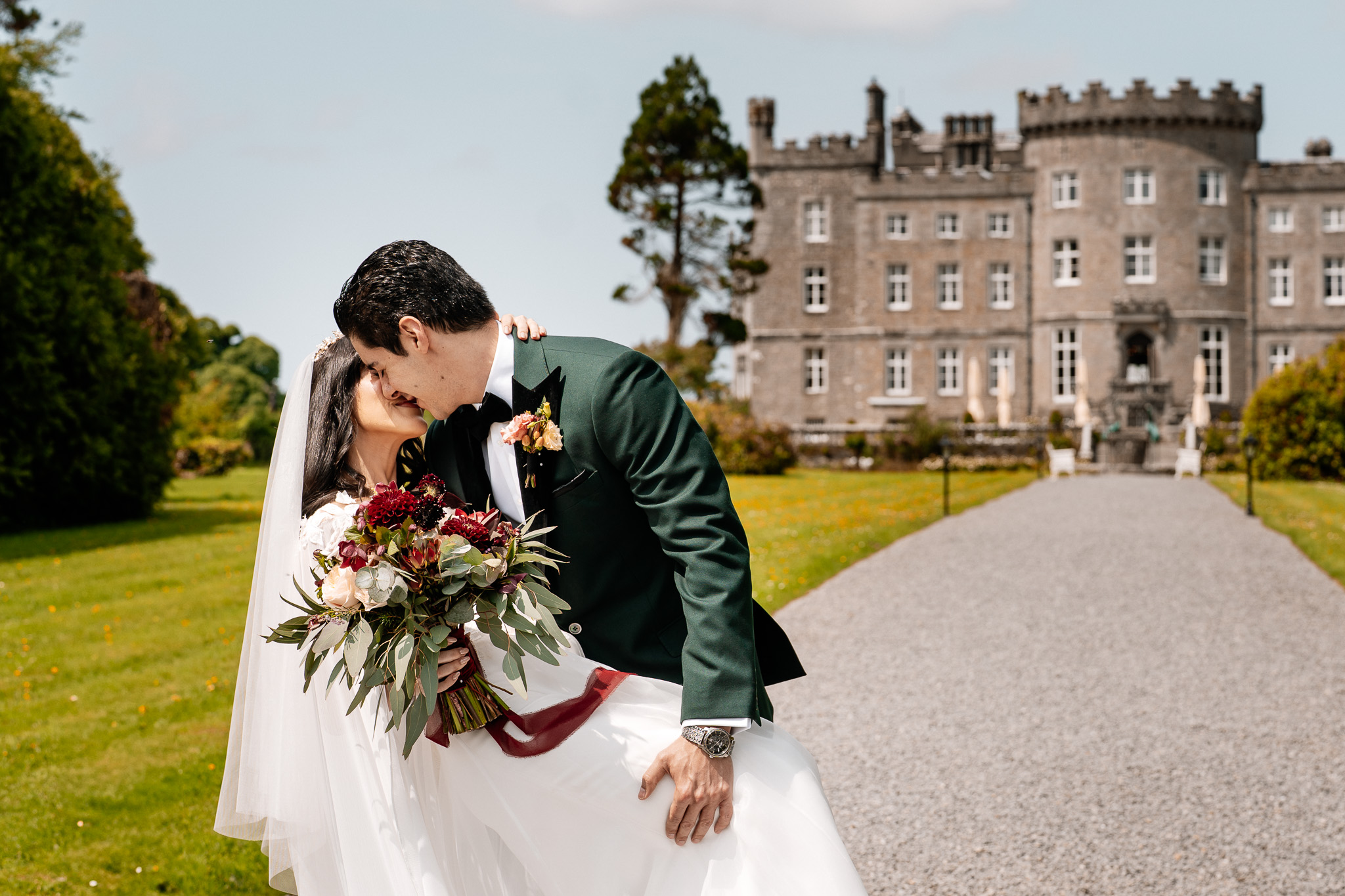 Candid first look moment with bride and groom in front of Markree Castle
