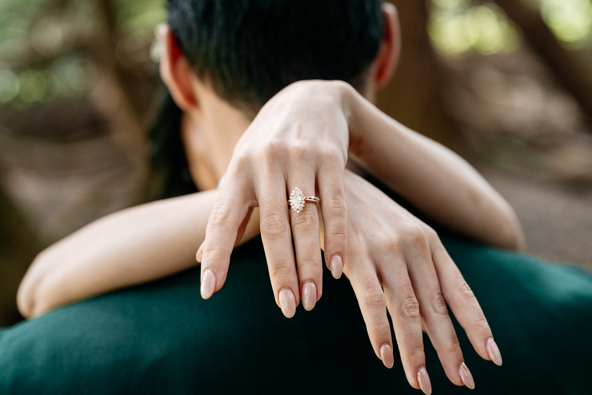 Bride showing her wedding ring during a first look at Markree Castle