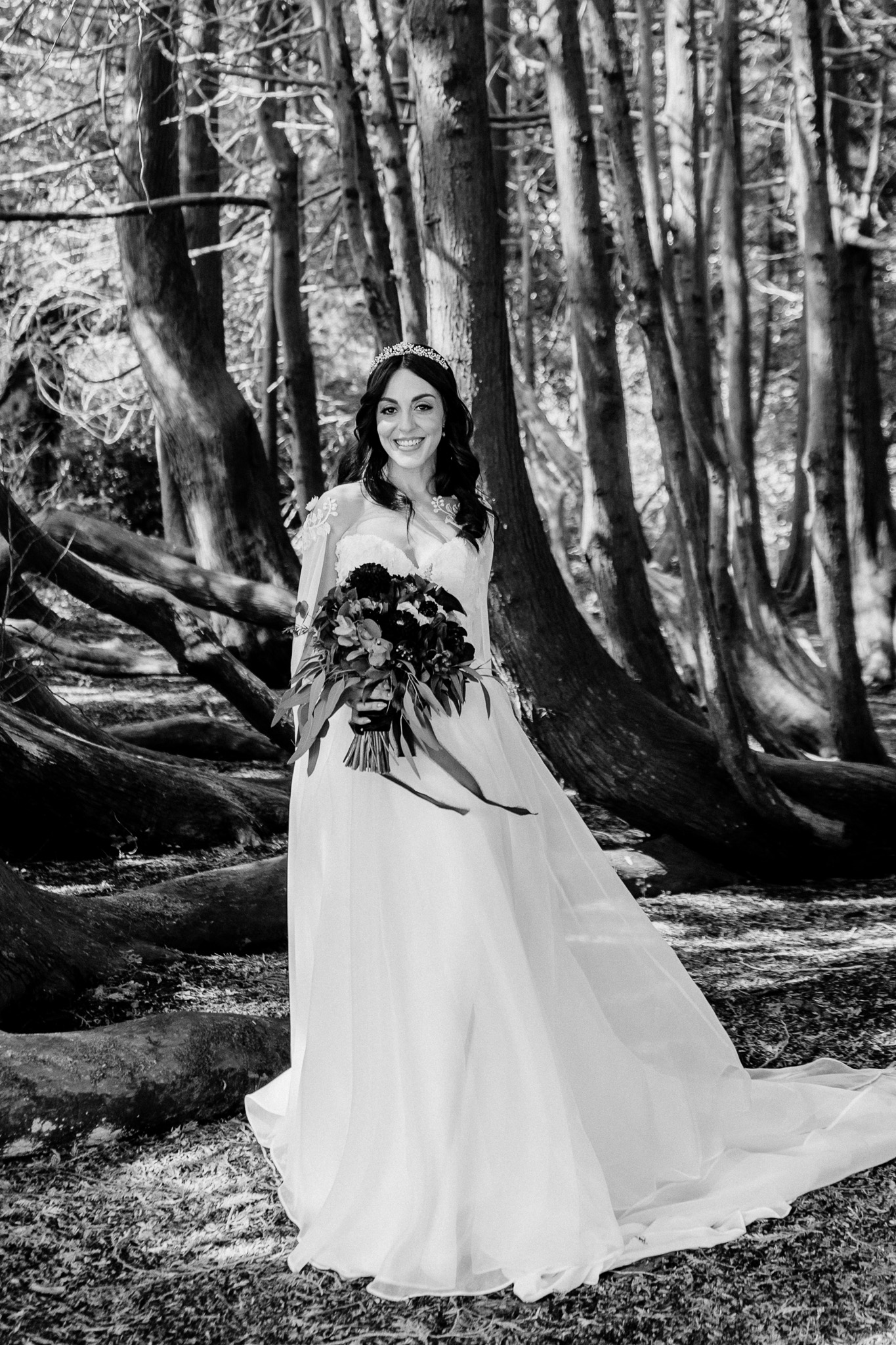 Black and white bride and groom portrait in the Markree Castle woodland